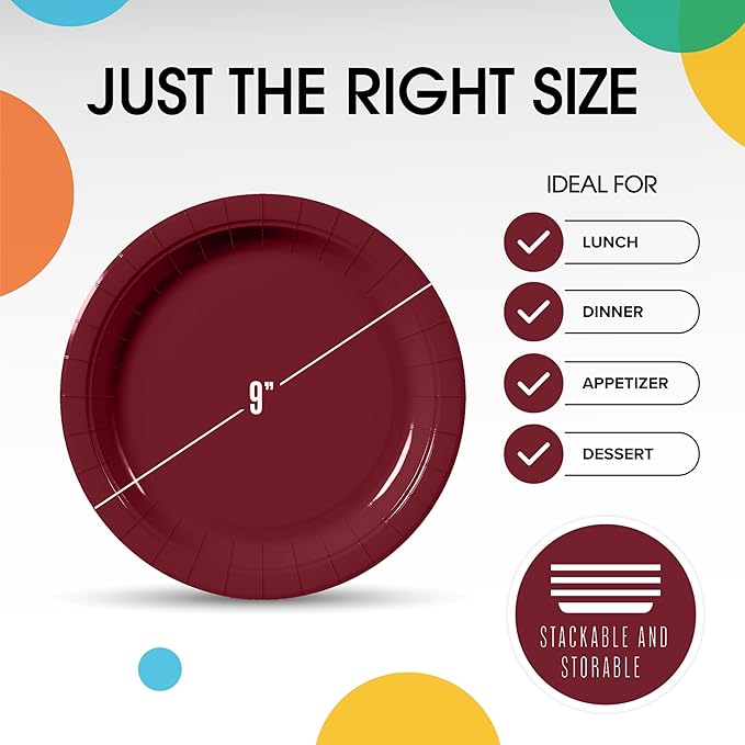 Exquisite Burgundy Paper Plates Disposable Heavy Duty 9 Inch Burgundy Disposable Plates For Party 100 Pcs Heavy Duty Paper Plate 350 GSM, Birthday Party Supplies Plate Set
