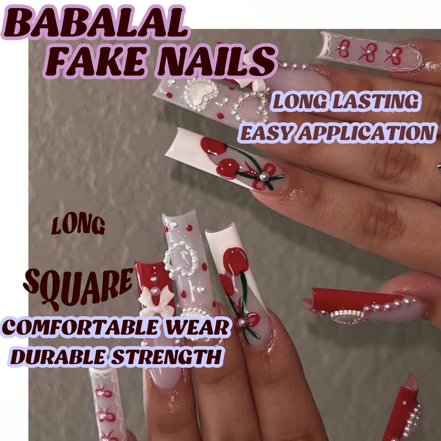 BABALAL Long Square Press on Nails, Red French Tip Heart Bow Charm Cute Cherry Glossy Acrylic Nails Squoval Glue on Nails 24 Pieces