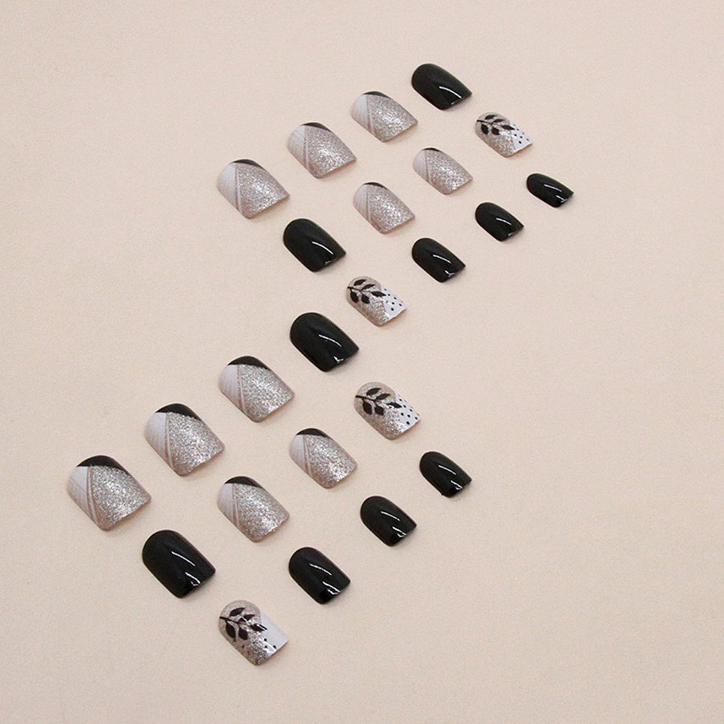 YOJIATOP Fall Press-on Nails - Short Square False Nails with Leaves & Glitter Designs, French Tip, Glossy Glue-on Nails - Black - 24 Pcs