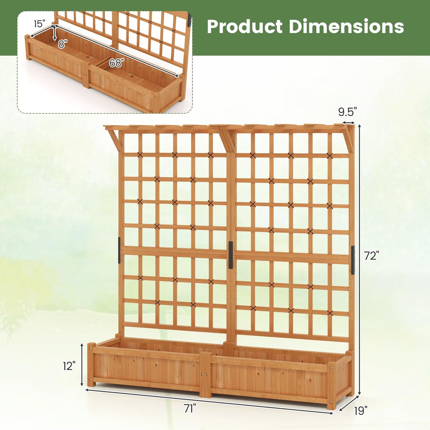 Toolsempire 72" Raised Garden Bed with Lattice Trellis, Hanging Roof & Drainage Holes, Elevated Wooden Planter Box for Vine Climbing Plant, Flower, Herb & Vegetable