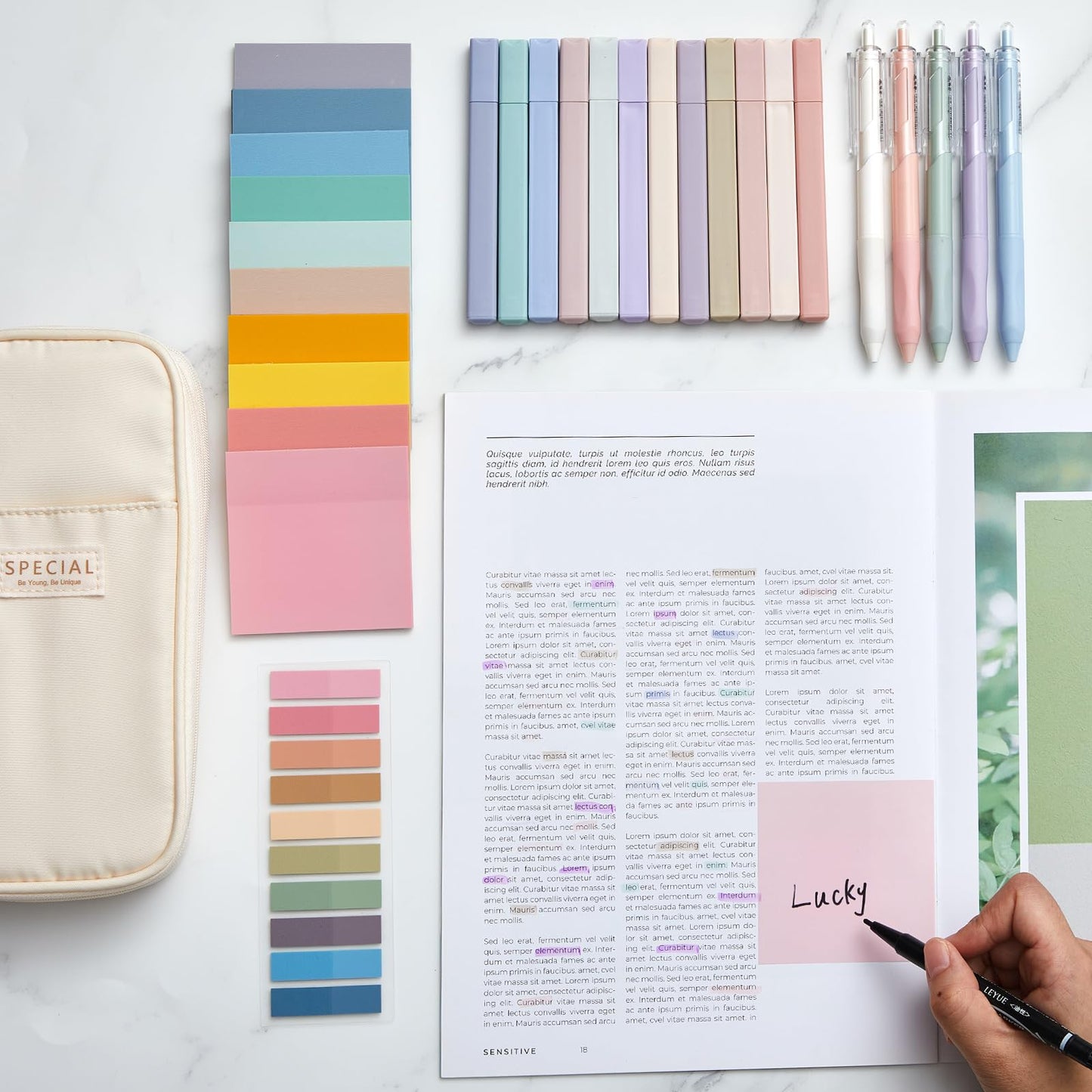 Jutom 39 Pcs Aesthetic Book Annotation Kit Highlighter with Pencil Case Bag Gel Pen Transparent Sticky Note Taking Bible Study College School Supplies(Cream,Cute Style)