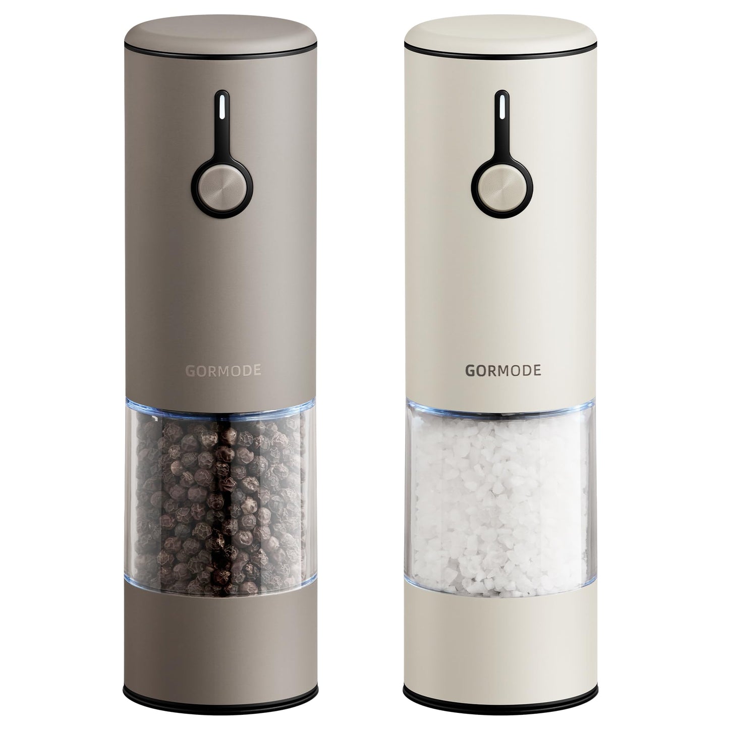 Stainless Steel Rechargeable Electric Salt and Pepper Grinder Set – USB Charging, One-Hand Electric Mill, Adjustable Coarseness, LED Light & Dust Cover –2pack(Greige & Buttercream)