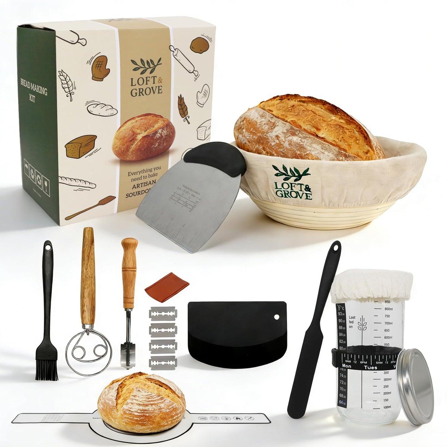 Loft & Grove Sourdough Starter Kit – Complete Bread Baking Kit with 9” Banneton Proofing Basket, 34oz Starter Jar with Feeding Tracker, Dough Whisk, Bread Lame – Beginner Sourdough Baking Supplies