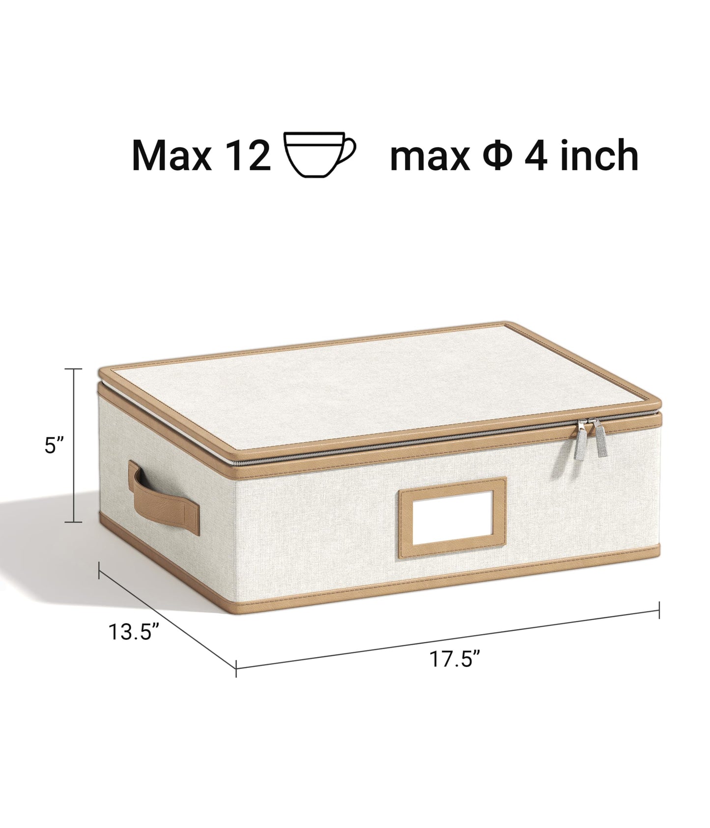 TomVista Mug Storage Box with Leather Trim, Hard Shell Stackable Coffee Mug Organizer with Dividers, Cup Storage Containers with Lid, Handles & Zipper for Moving and Storage, 2 Pack, Beige