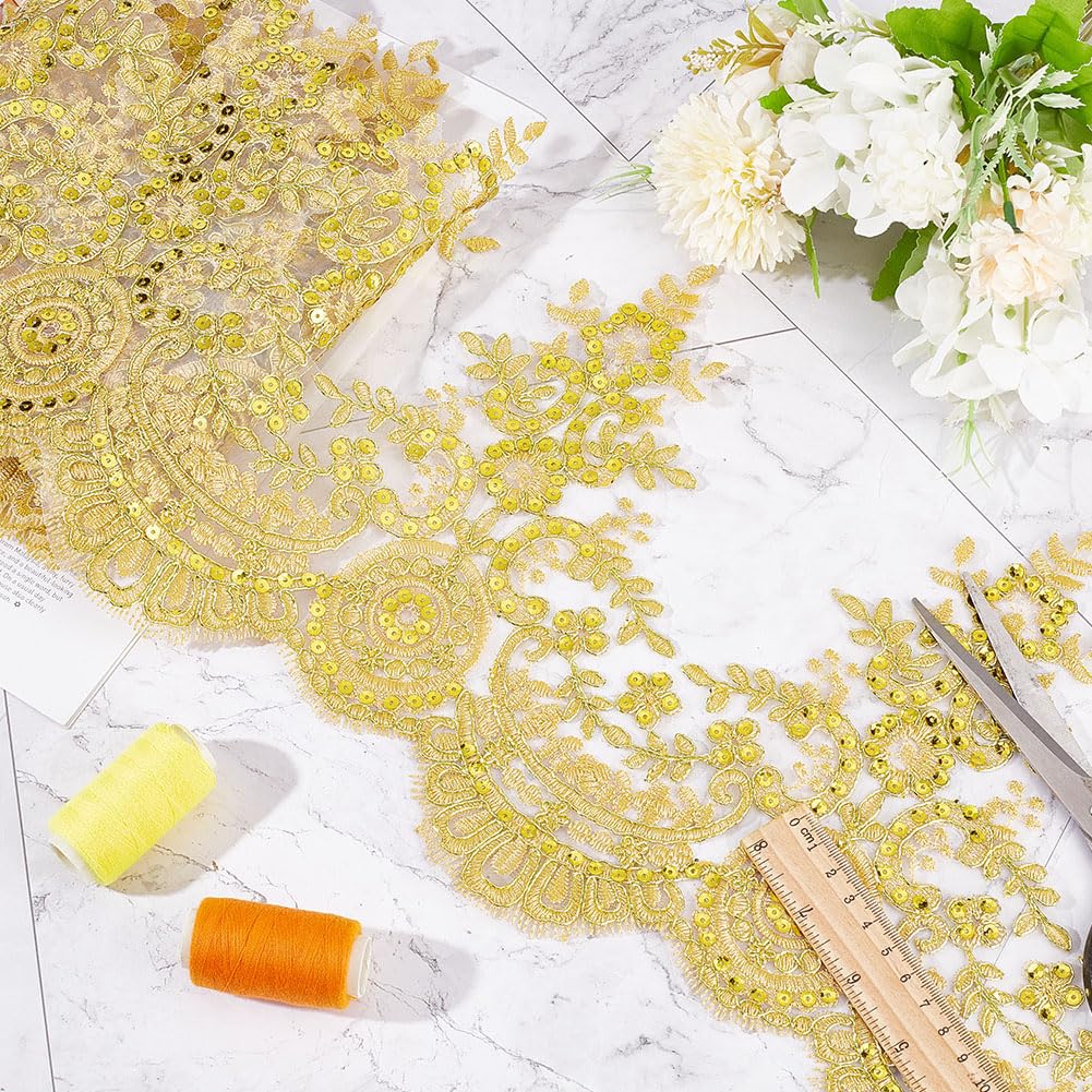 GORGECRAFT 3 Yards 9 Inches Width Sequin Flower Embroidery Lace Ribbon Metaillic Venice Edging Trimming Applique Sewing Lace Trim Floral Lace Crown Edge for Fabric Embroidered Wedding Bridal(Golden)