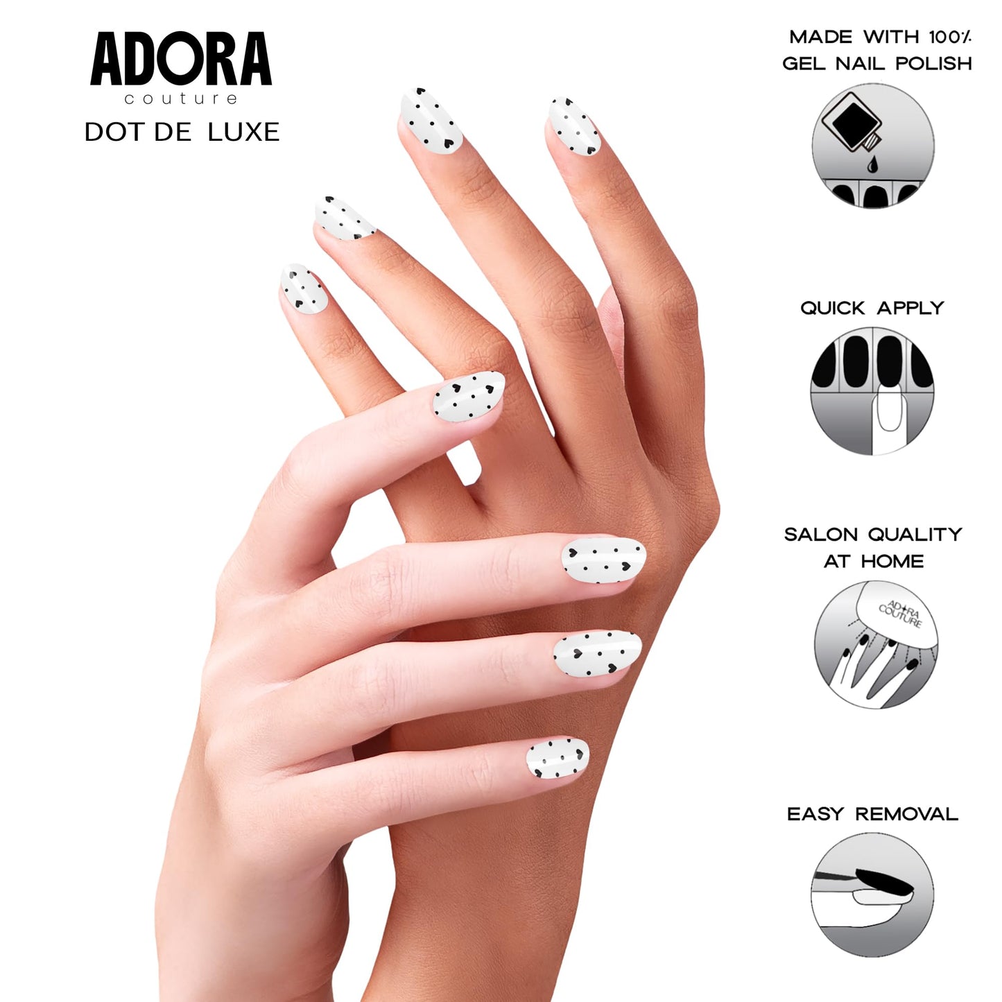 Adora Couture Semi Cured Gel Nail Strips with 30 Pieces - UV Gel Stickers, Manicure Kit, Easy Application Wraps Includes Prep Pads, Nail File, Wooden Stick - UV Light Required (Dot de Luxe)