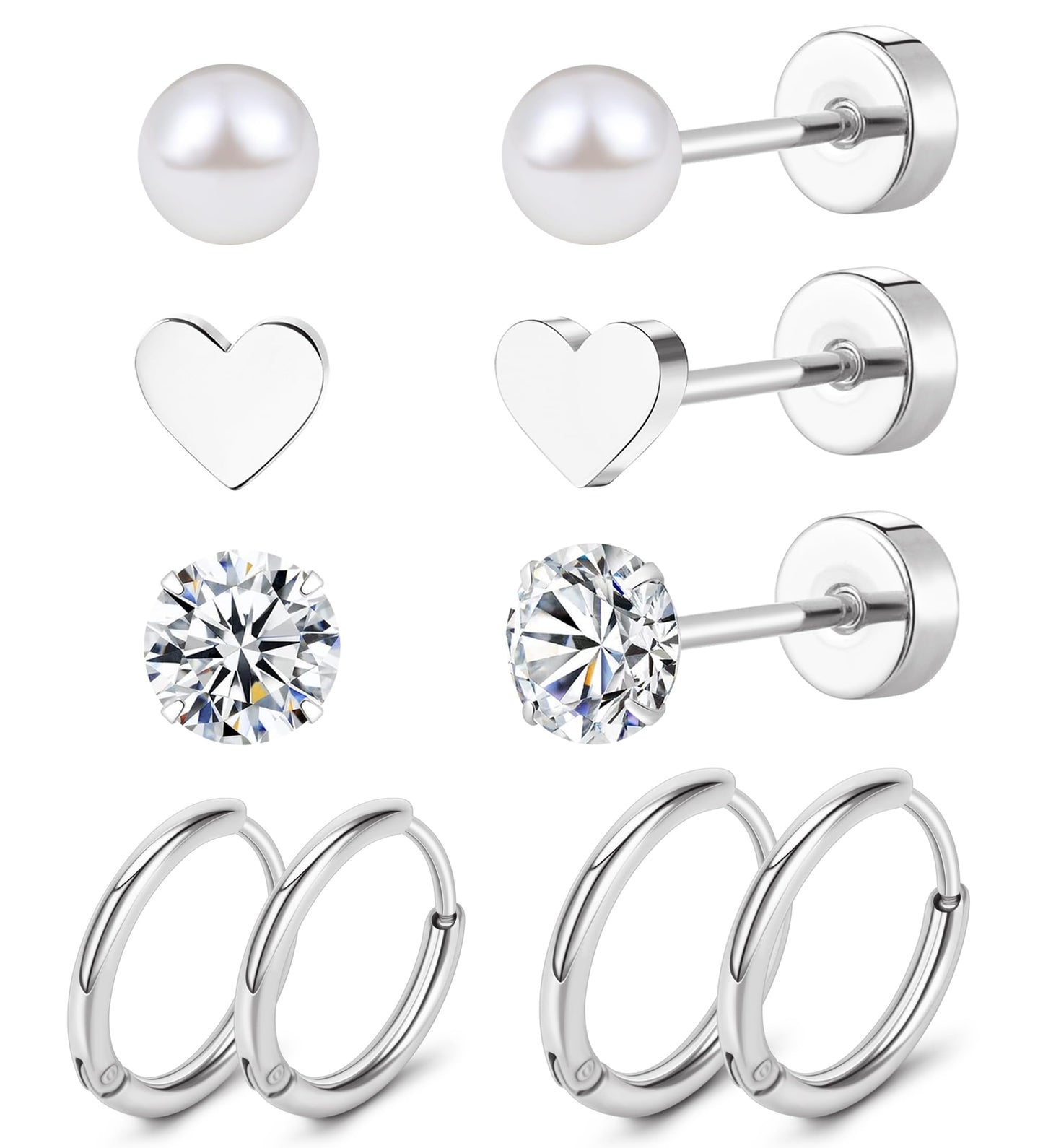 MJust Titanium Earrings for Sensitive Ears 20G Hypoallergenic Stud Hoop Earrings for Women Men Opal Ball CZ Heart Pearl Flat Back Earrings Cartilage Earrings Set