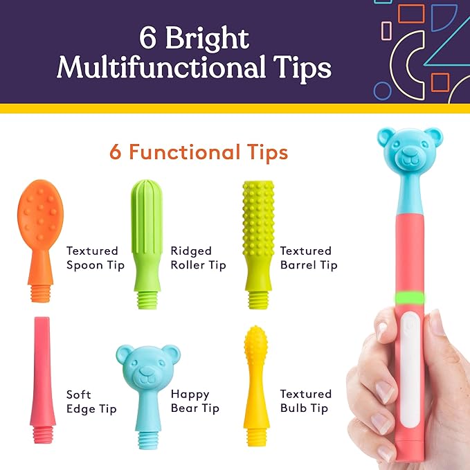 Special Supplies Buzz Buddy Oral Motor Stimulation kit with 6 Soft Textured Interchangeable Heads, Calm Sensory Needs, Support Speech, and Stimulate Self Feeding, Gentle Vibrations (Pink)
