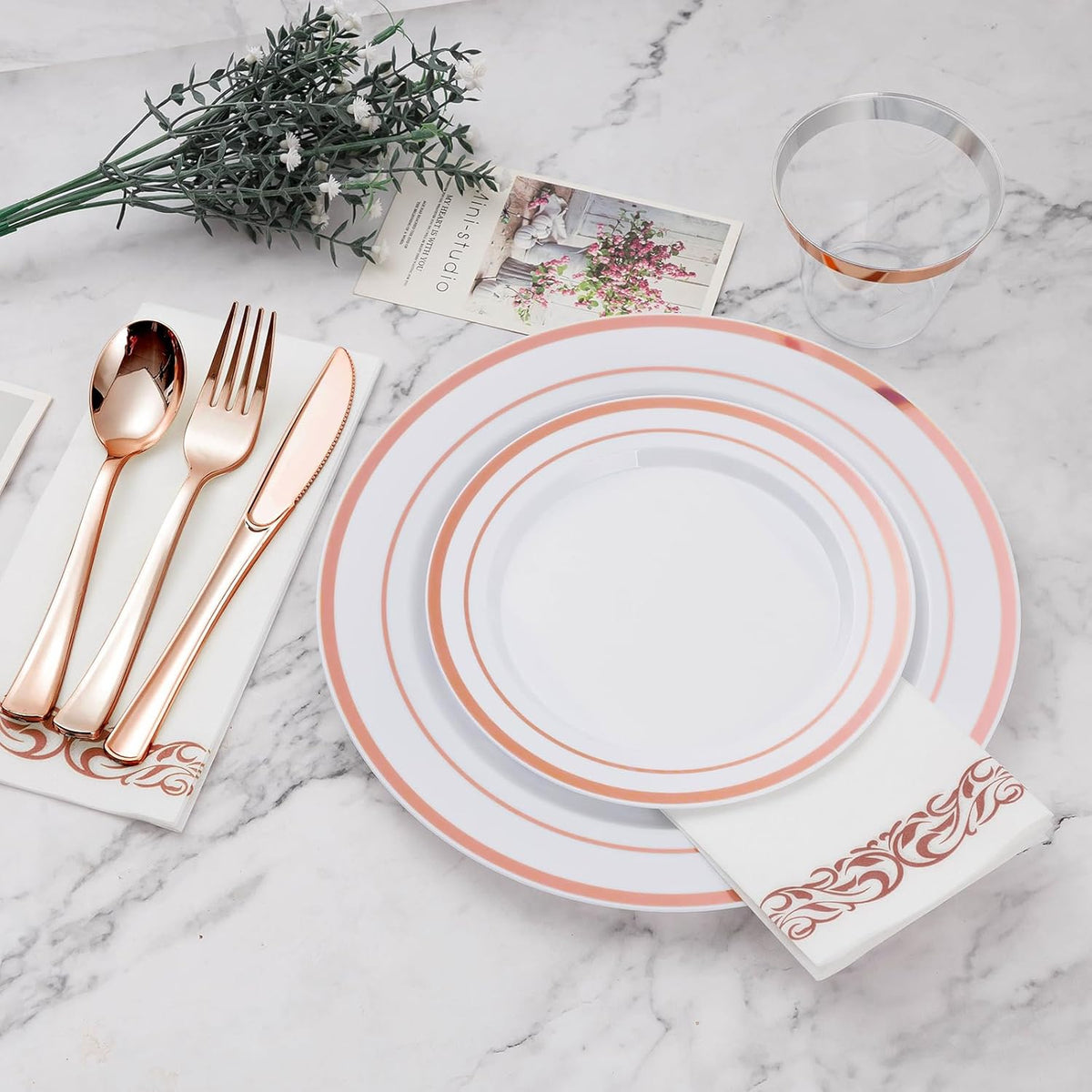 BESTVIP 700PCS Rose Gold Disposable Dinnerware Set for 100 Guests, Plastic Plates for Party, Wedding, Christmas, Halloween, Include: 200 Plastic Plates, 100 Gold Silverware, 100 Cups, 100 Napkins