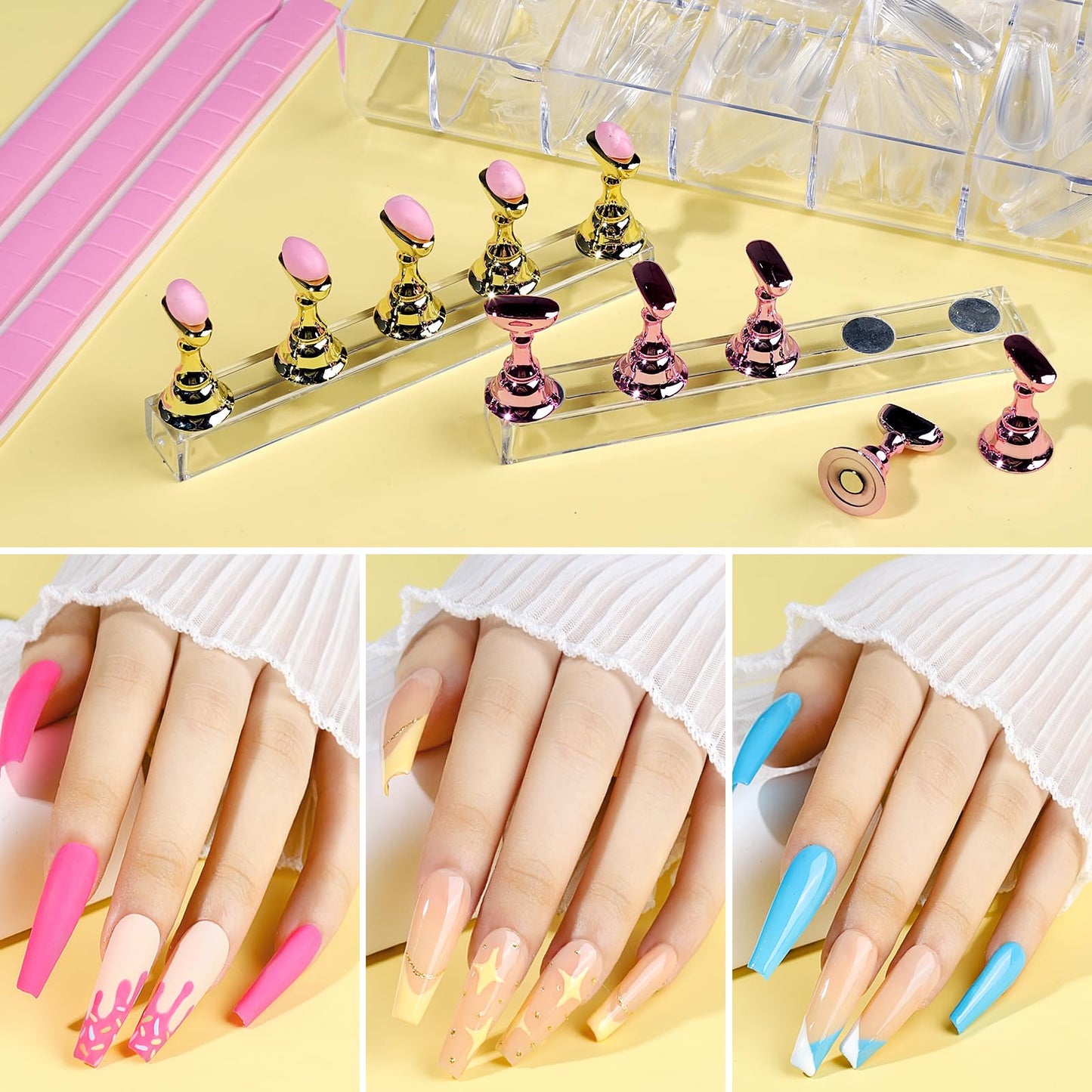 Teenitor Press On Nail Kit - Clear Coffin Nail Tips, Art Brushes, Dotting Pen, Glitter, Stickers & Rhinestones