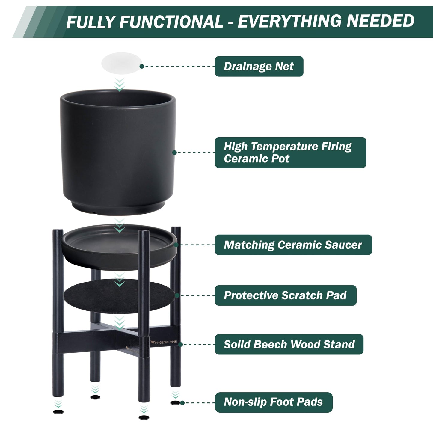 D'vine Dev Ceramic Planter with Ebony Stand - 10 Inch Modern Round Flower Pot with Wood Planter Holder, Black, 55-B-L-2