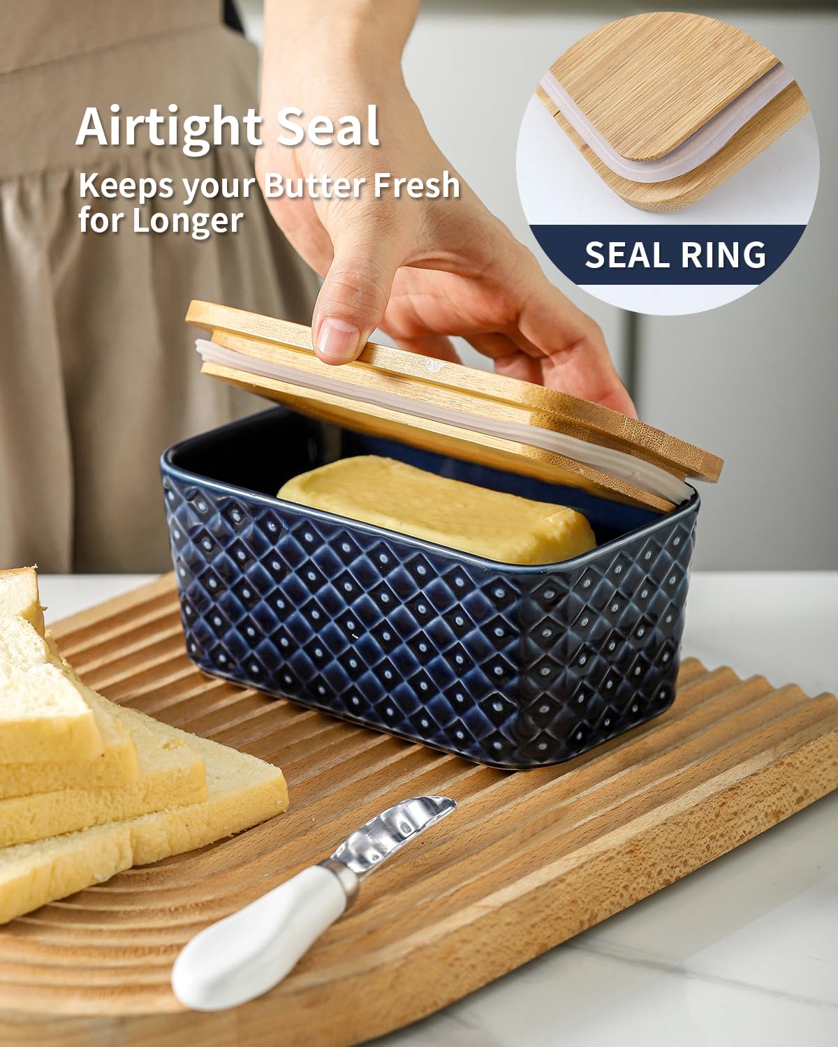 Hasense Ceramic Butter Dish with Lid, Large Butter Container for Countertop Airtight Butter Stick Covered Keeper,Navy Blue Embossed Pattern,Easy Clean Dishwasher Safe