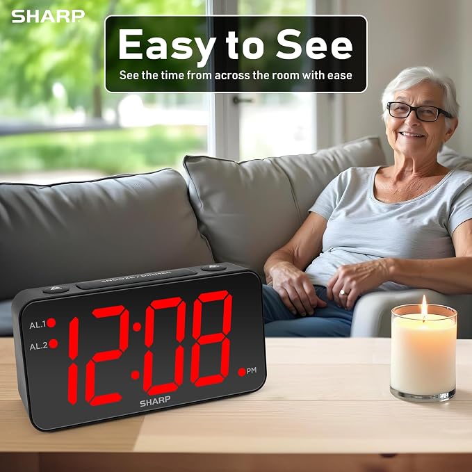 Sharp Digital Alarm Clock, 3" Jumbo Red LED, Dual Alarm, Battery Backup