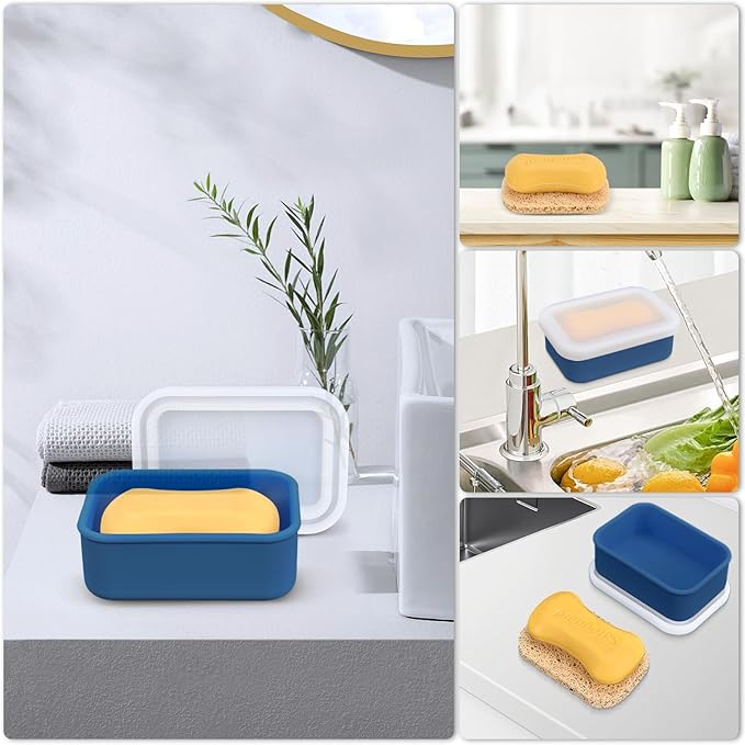 Blue Bar Soap Holder for Shower - Travel Soap Case with Self Draining Pads