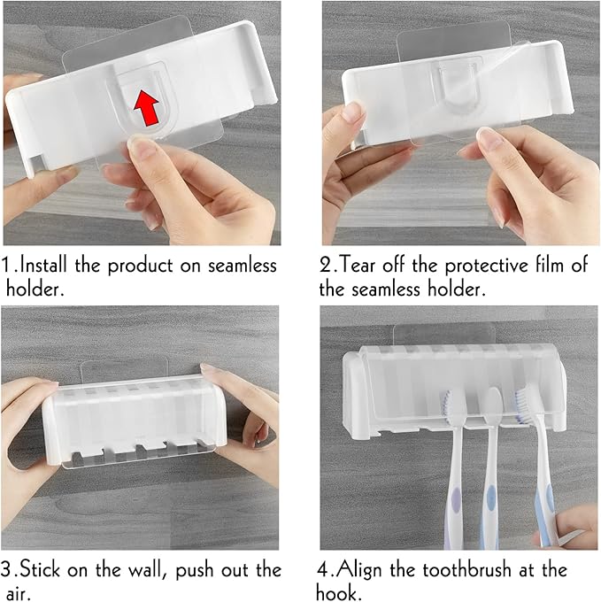 5 Slots Wall Mount Toothbrush Holder with Cover, Self Adhesive Toothbrush Storage Organizer for Shower, Toothbrush Hanger for Bathroom, Medicine Cabinet, Dorm