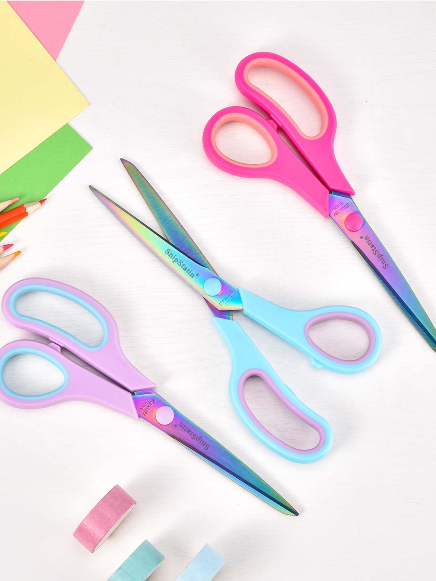 SnipStation 8.5" Multipurpose Office Scissors Heavy Duty, Titanium Coating Sharp Blades, Ergonomic Semi-Soft Rubber Grip, Scissors All Purpose for Sewing, School, Fabric, Art Craft Supplies, 3-Pack