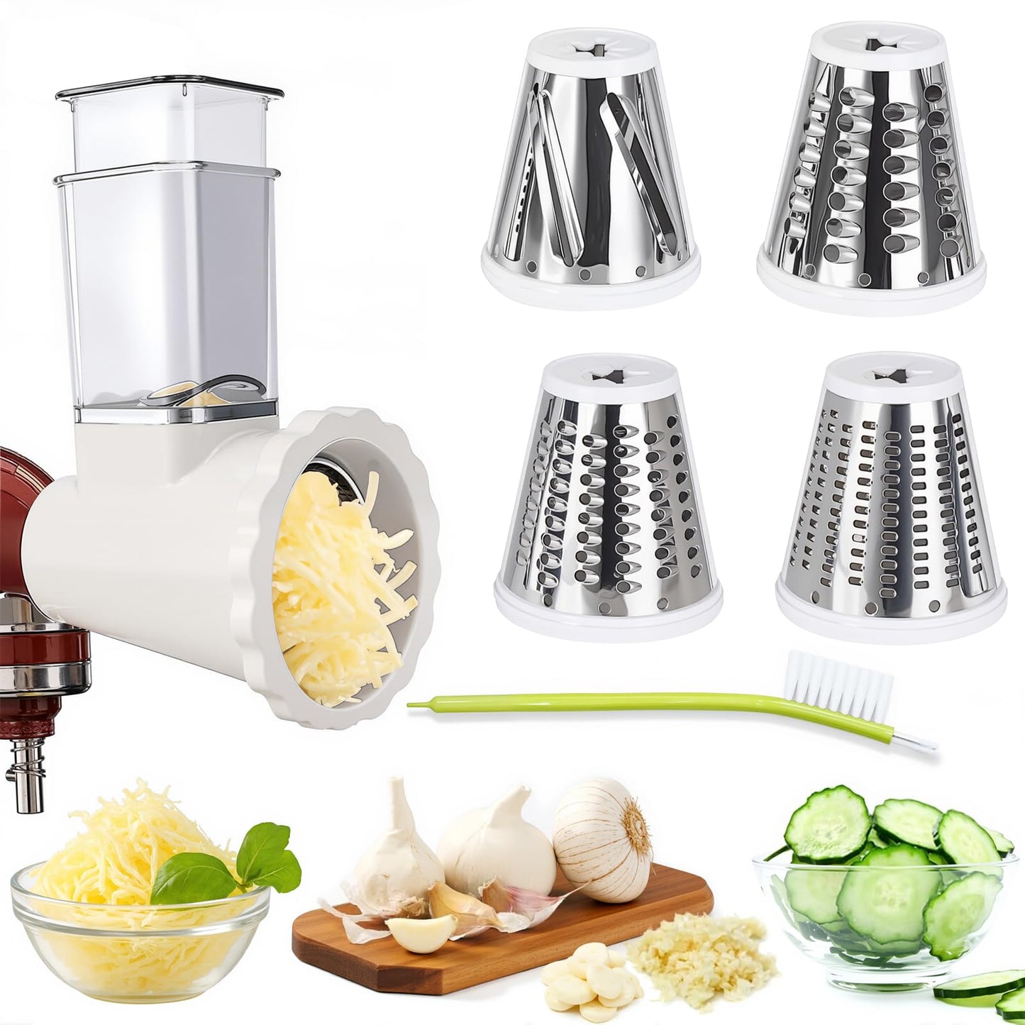 Upgraded Version - Cheese Grater Slicer Shredder Attachments for All KitchenAid Stand Mixers, Food Slicers Salad Maker Accessory Vegetable Chopper with 4 Blades Dishwasher Safe