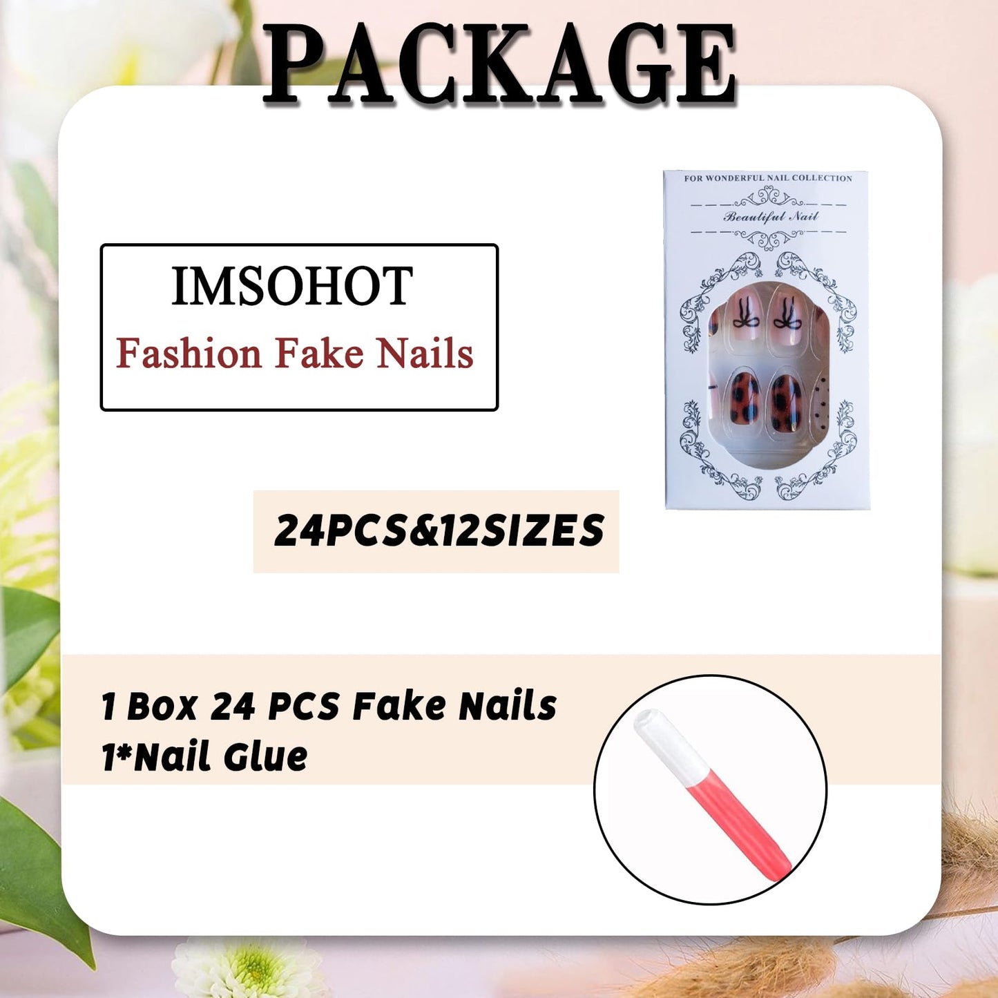 IMSOHOT Press on Nails Short Oval Fake Nails Brown Acrylic False Nails with Polka Dot, Bow Designs Cute Round Glossy Glue on Nails for Women Girls Nail Decoration