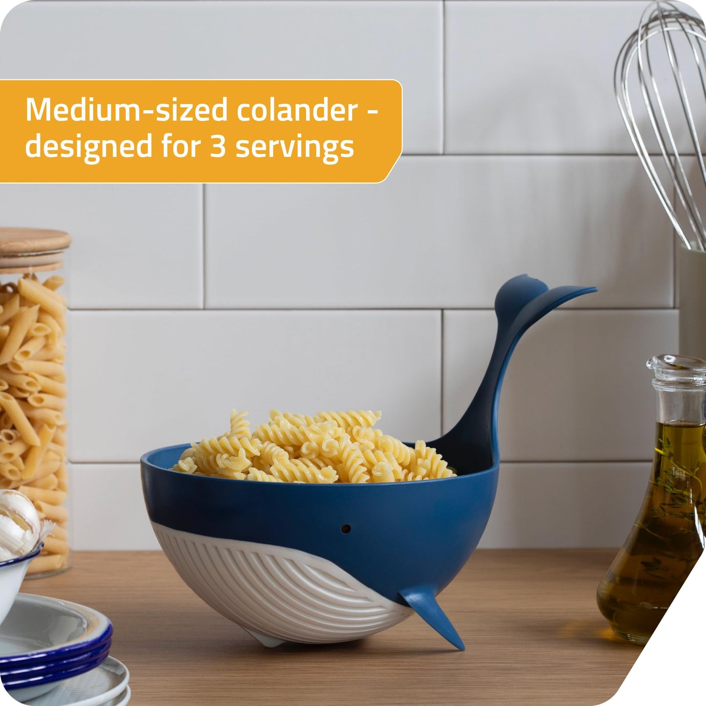 Peleg Design Pastail Medium Pasta Colander – Fun Whale-Shaped Plastic Colander for Draining Pasta, Vegetables, and Fruit. Fun kitchen gadgets. Cute kitchen gift.