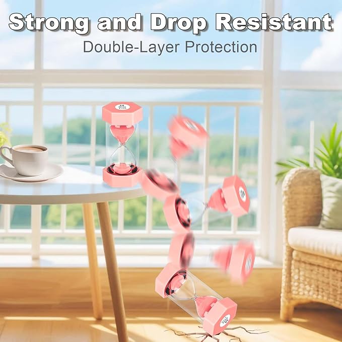 5 Minute Hourglass Sand Timer, Plastic Hexagon Hourglass Sand Clock 5 Min, Reloj De Arena 5 Minutos,Unbreakable Sandglass for Classroom Games Kitchen (Pink)