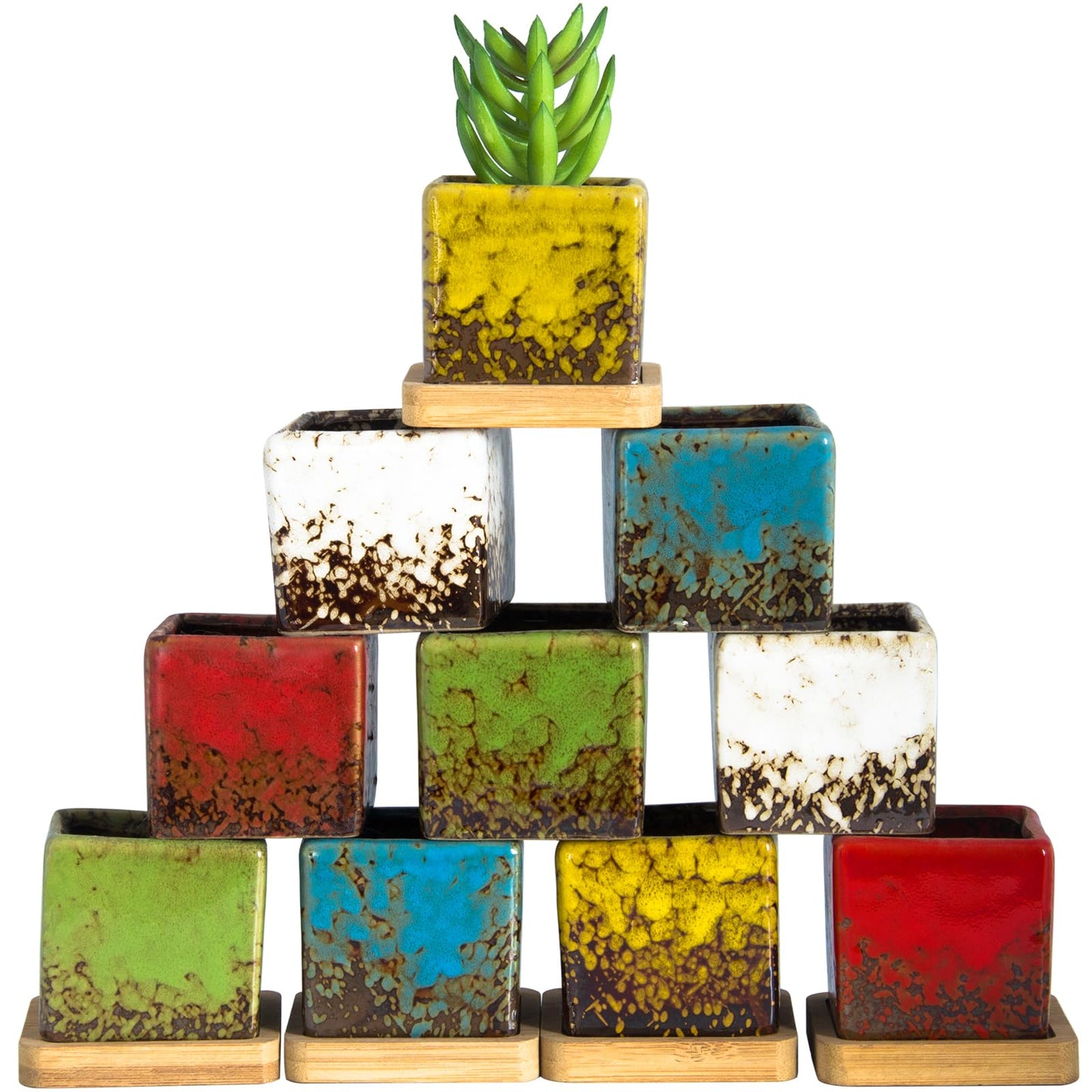 Set of 10 Succulent Pots with Drainage Trays, 2.1 Inch Ceramic Pots for Indoor Flower Plants, Small Square Cactus Planter Pots Bulk for Garden Home Desk Windowsill Decor