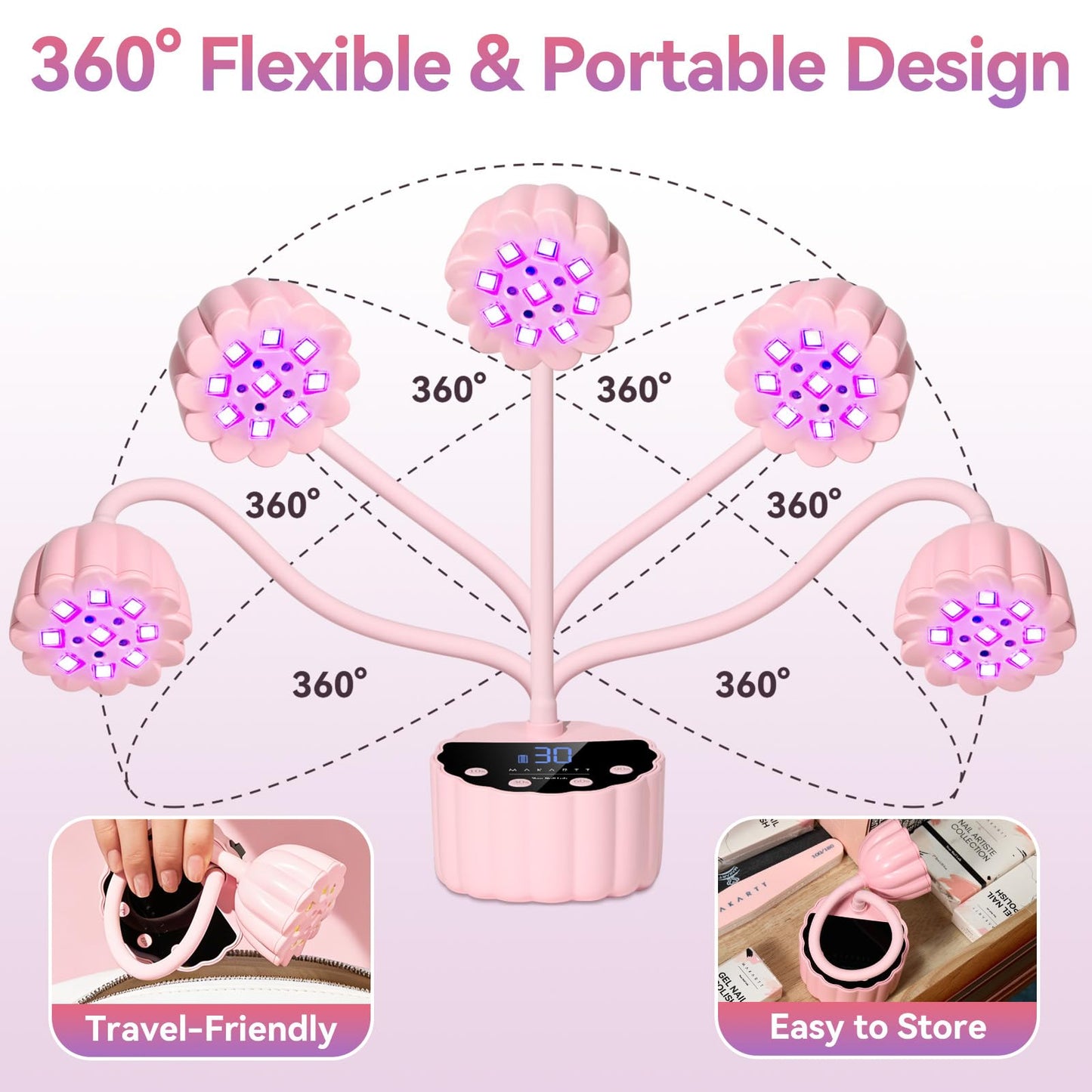 Makartt UV LED Nail Lamp - Gooseneck 58mW/cm² Flash Cure Lamp Rechargeable UV Light for Gel Nails with 4 Times & Auto Sensor USB Cordless Fast Curing Nail Art Design for Salon Home DIY (Pink)