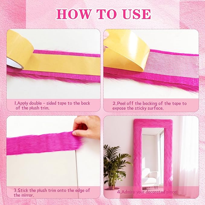 Fluffy Full Length Mirror Cover Universal Ultra Soft Non-Slip Border with Adhesive Tape Pink Fuzzy Frame Decor for Standing Mirror Bedroom Cloakroom Home Decor Women Gifts (vibrant pink, 59x16 inches)