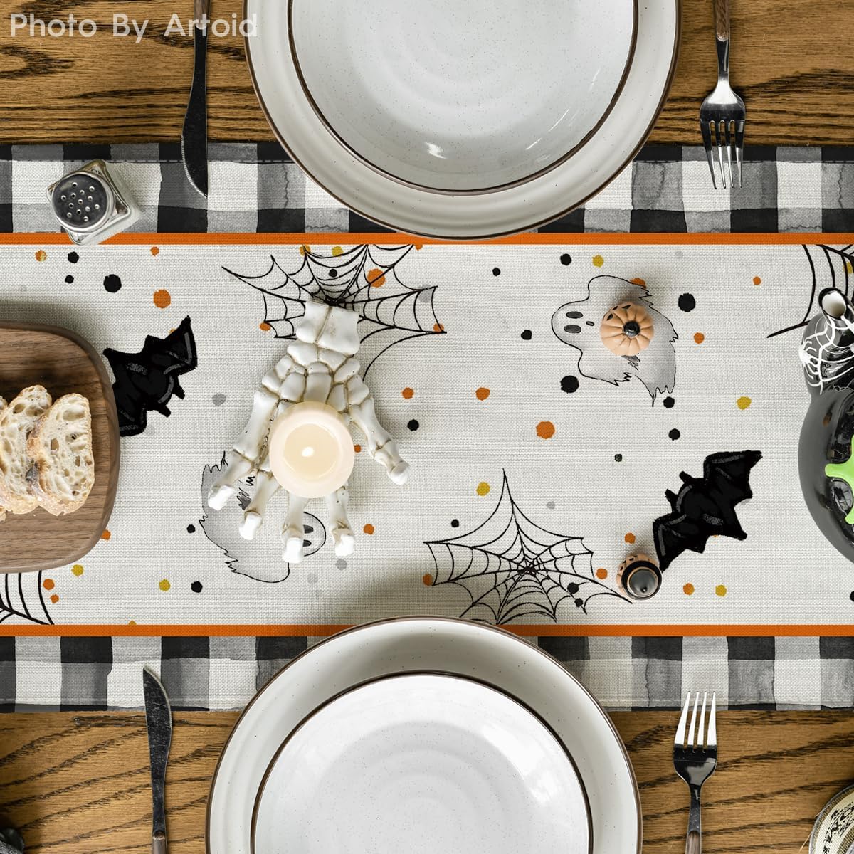 Artoid Mode Buffalo Plaid Gnome Bat Pumpkin Ghost Halloween Table Runner, Sensonal Kitchen Dining Table Decor for Home Party 13 x 120 Inch