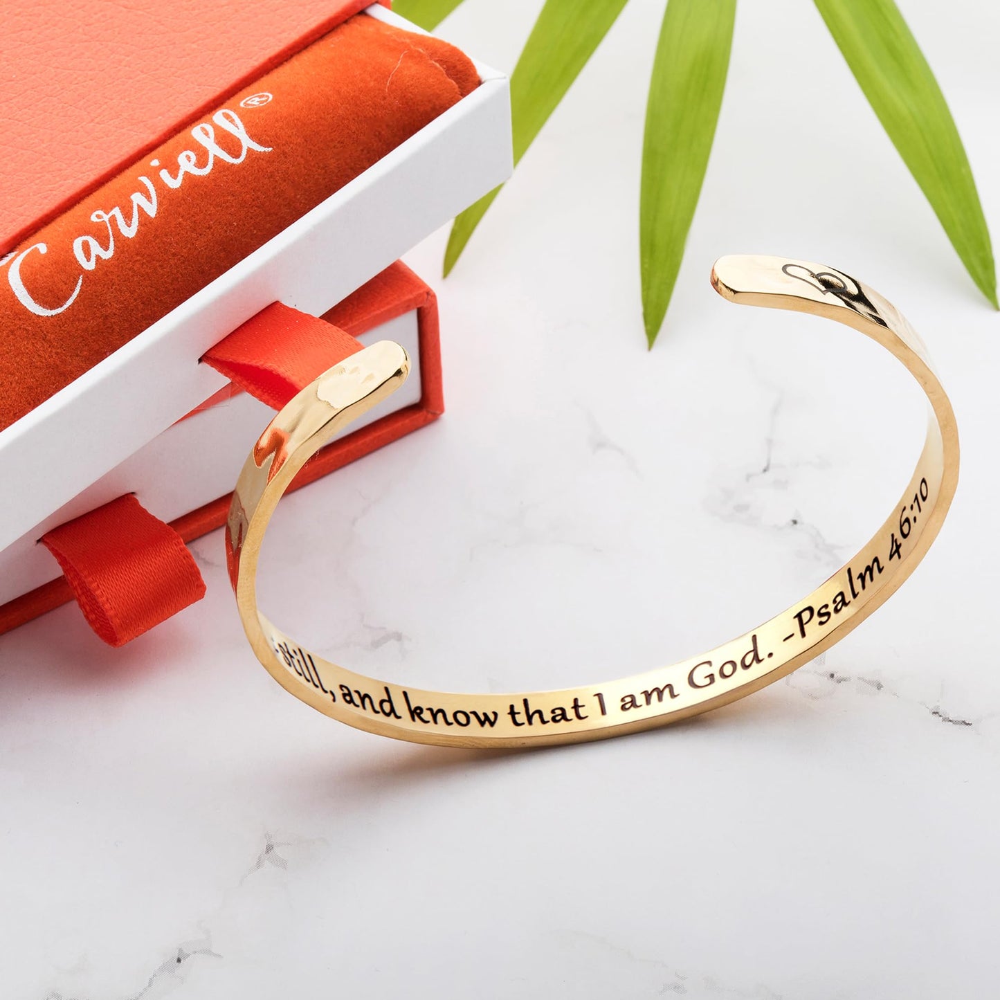 Carviell Christian Gold Bracelet for Women – Be Still and Know That I Am God Psalm 46:10 Engraved Cuff, Religious Faith Jewelry, Inspirational Gift for Daughter, Sister, Friend, or Granddaughter