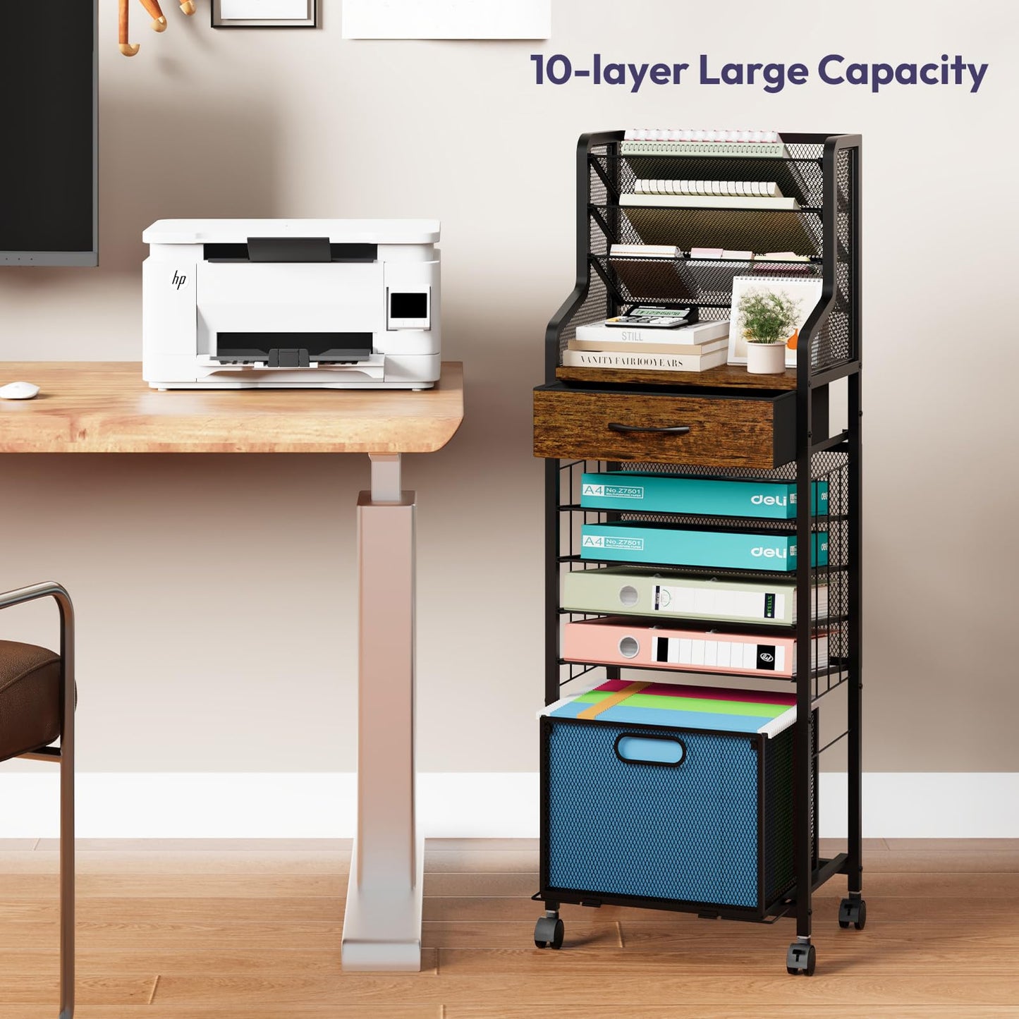 SWTYMIKI 10-Tier Rolling File Cart - Mesh Paper Organizer with Drawer & Hanging File Folders on Lockable Wheels, Rolling File Cabinet for Office Organization, Storage in Home, Studio, School, Espresso