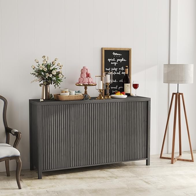 YOUDENOVA Fluted Buffet Cabinet with Storage, Modern Sideboard Cabinets with 4 Doors & Adjustable Shelves, Accent 56” Credenza Storage Cabinet, Wood Entryway Cabinet for Living Room Hallway, Grey