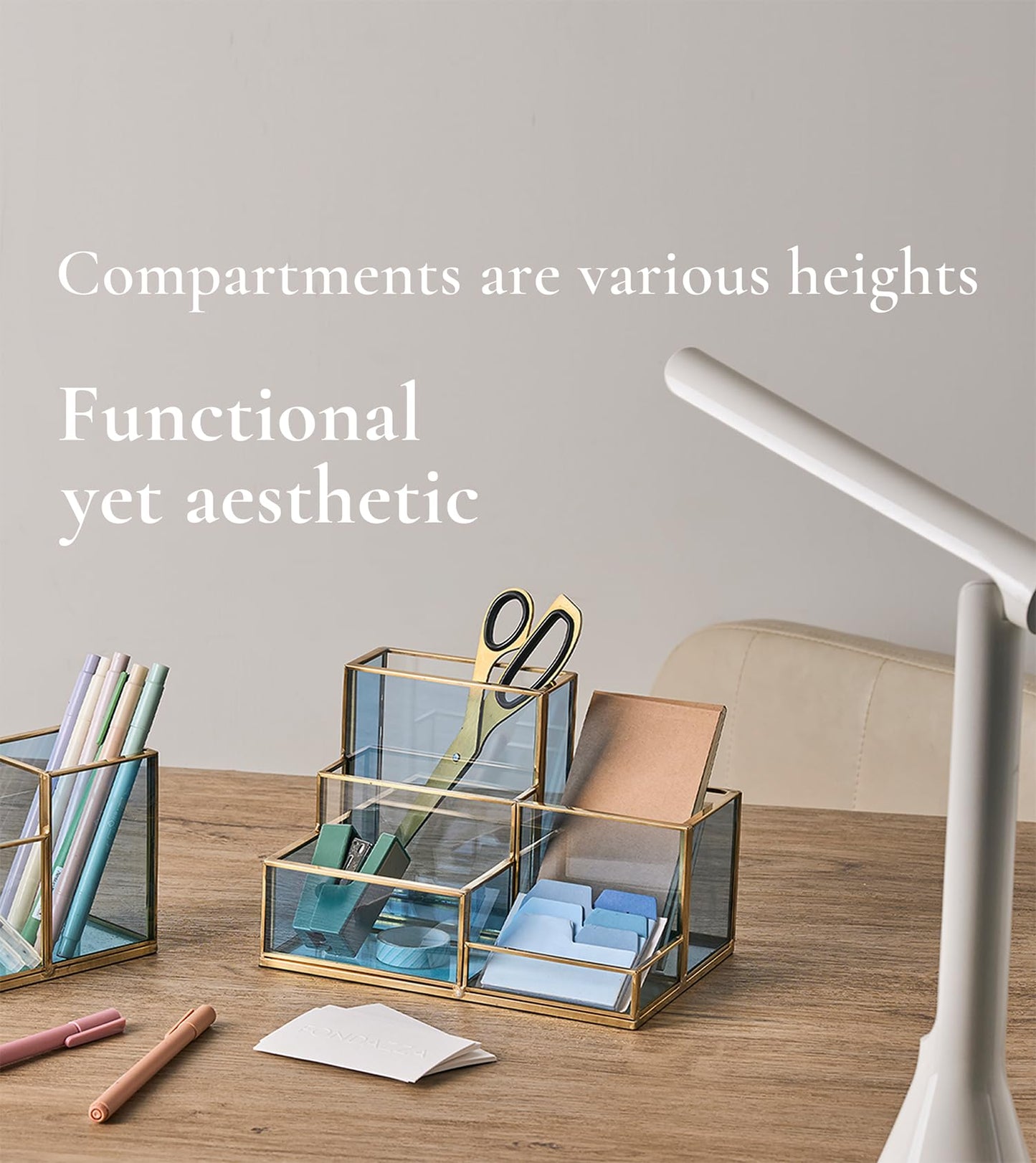 FONDAZZA 5-Compartment Desk Organizer for Home Office Supplies, Gold Brass with Blue Glass, Workspace Storage for Stationery, Cosmetic, Makeup Tools and Brush.