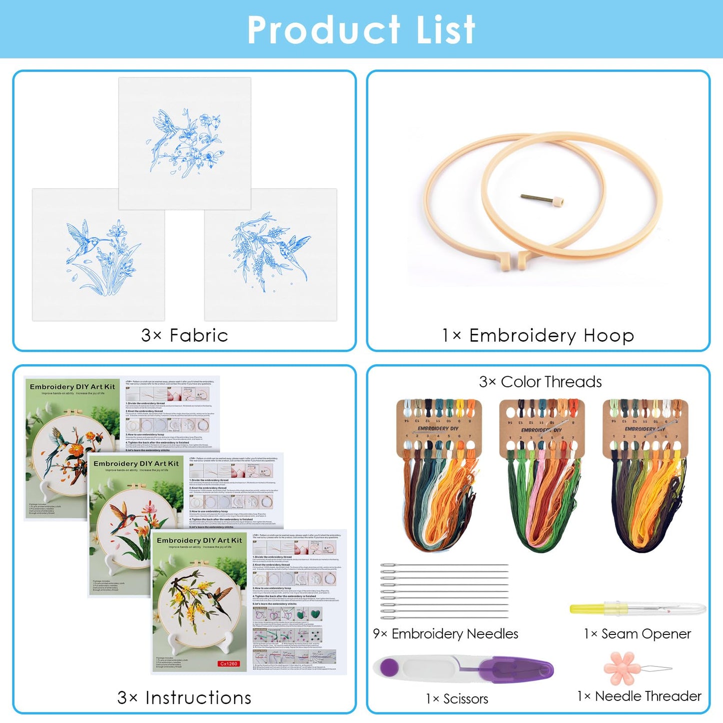 ERKOON 3 Sets Embroidery Kit, Hummingbird Cross Stitch Set for Include Embroidery Cloth Hoops Threads for Craft Lover Hand Stitch (Hummingbird)