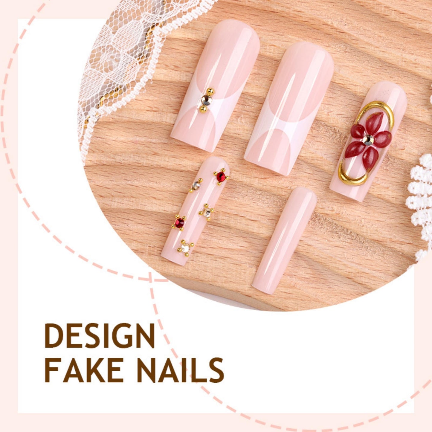Long Press on Nails Square Fake Nails Red Artificial Nail 3D Floral and Gold Charm Designs Cute Stick on Nail for Women 24pcs