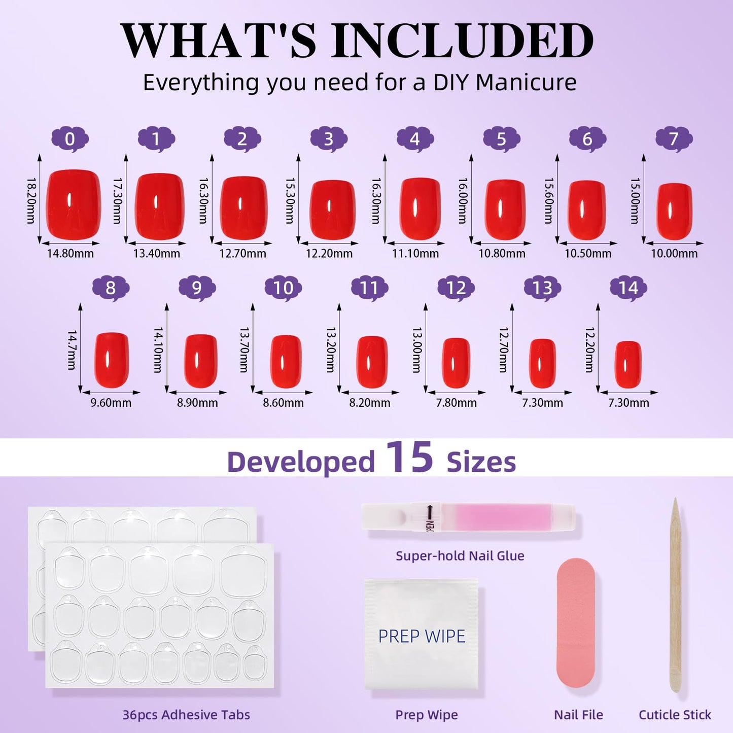 Red Press On Nails - Short Square Bright Red Press On Nails for Women, Reusable Glossy Fake Nails Kit with Glue, 30 Pieces in 15 Sizes
