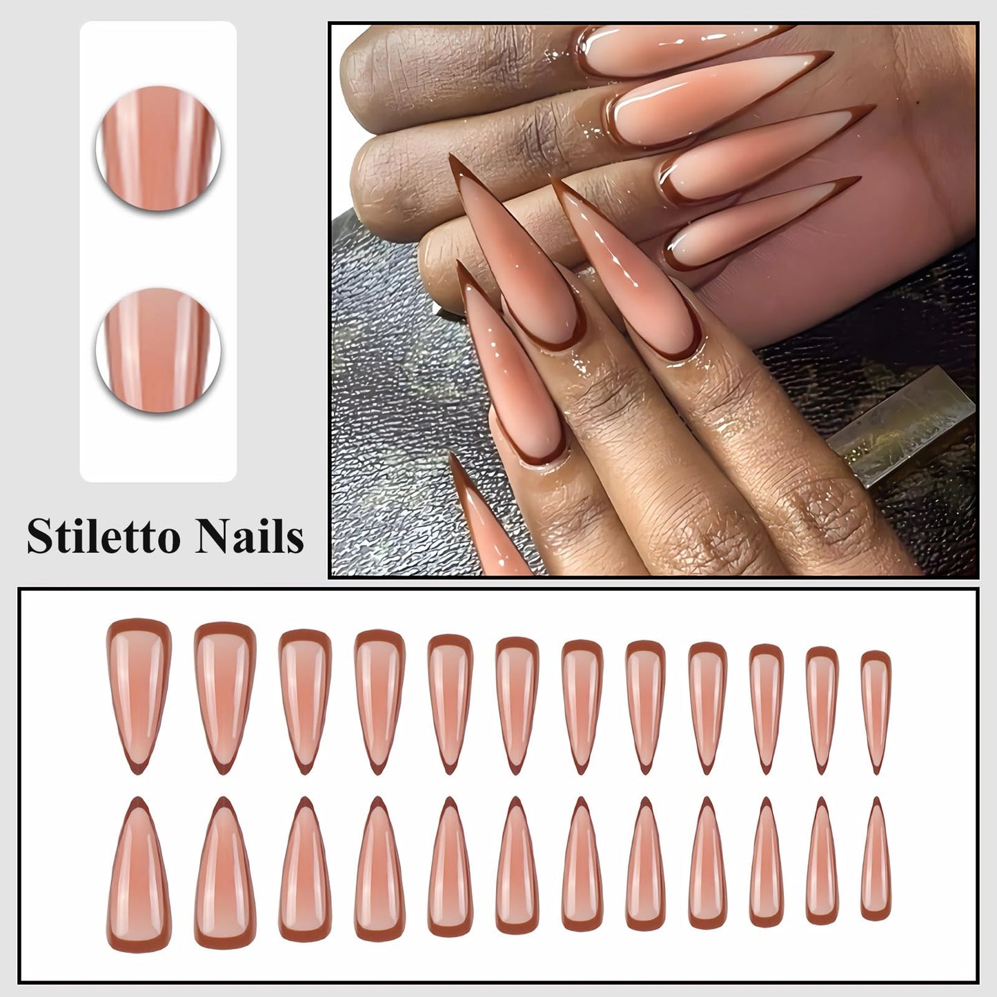 MISUD Press on Nails - Long Stiletto Fake Nails with Fall Acrylic Brown Ombre Design 24 pcs