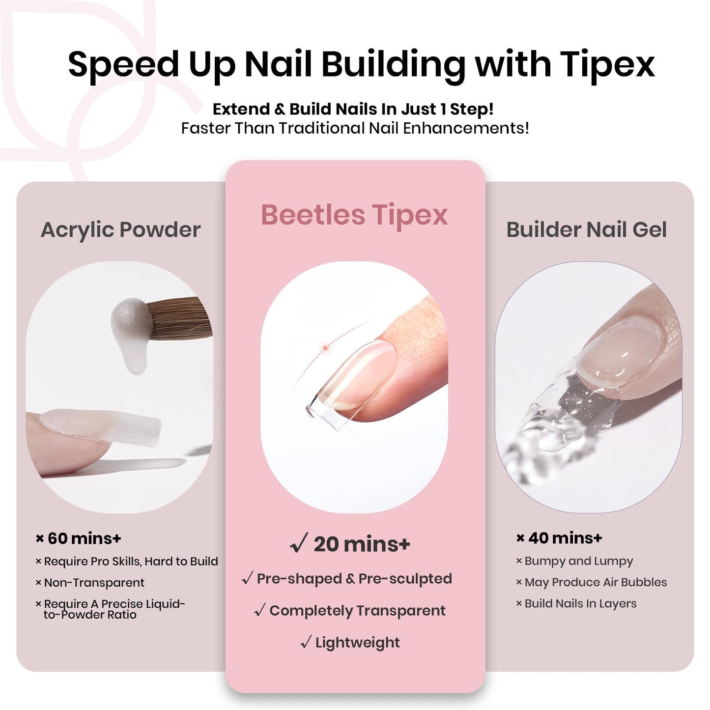 Beetles Tipex Instant Apex Nail Tips, XS Short Square, 16 Sizes |00–14, 192pcs, Built-In Apex, No Builder Gel Required, Thicker Strong Acrylic Tips for DIY Nail Extensions
