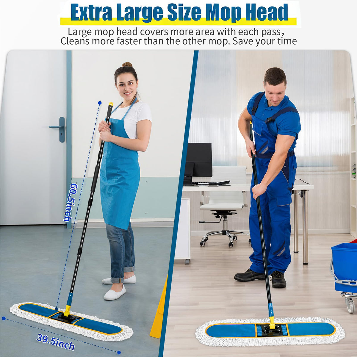 36" Commercial Dust Mop for Floor Cleaning with 2 Cotton Mop Pads (16 Ounce)