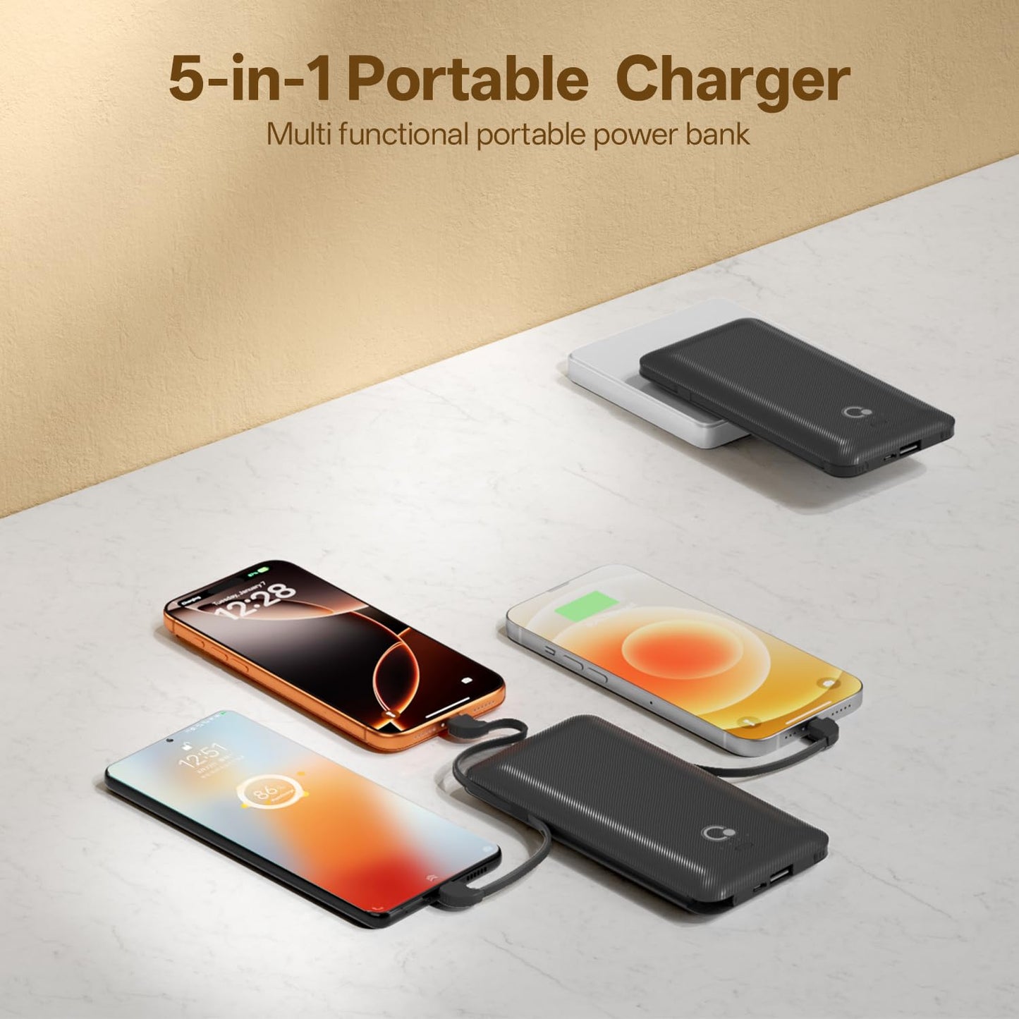 Brand Q Portable Charger with Built-in Cables and AC Wall Plug,Slim USB C Travel Essential Power Bank 10000mAh,External Battery Pack Compatible with iPhone,Samsung,Tablet and All Smart Phones