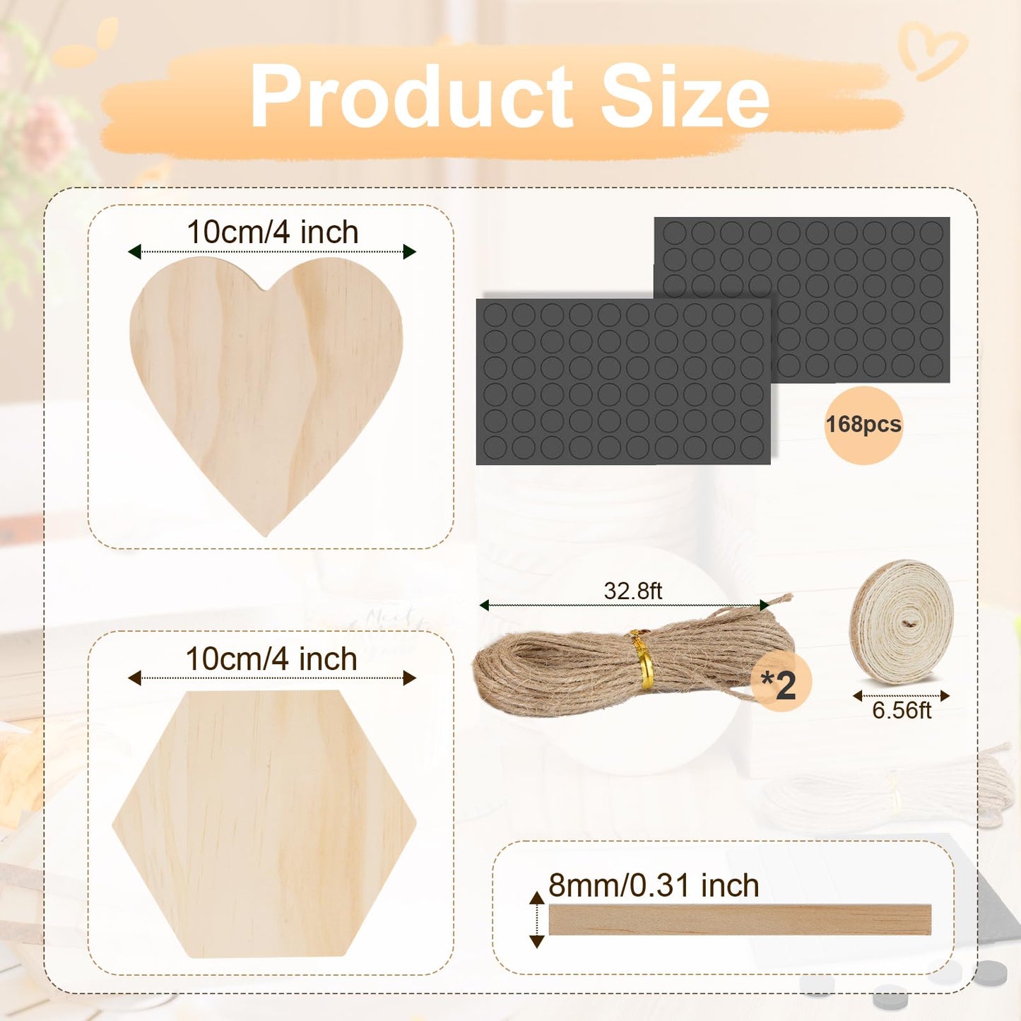 Jurtmy 48 Pcs Unfinished Wood Coasters, DIY Blank Coasters for Crafts,with Non Slip Pad, for Wood Engraving,Painting,Christmas Wedding Home Café Decor (48 Pcs-Hex&Heart)