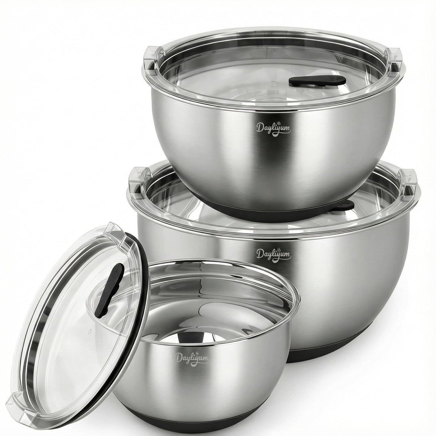 Mixing Bowls with Airtight Lids, Stainless Steel Nesting Bowl Set with Clear Lids & Valve, 3 Essential Sizes (1.5/3/5 QT), Measurement Marks, Non-Slip Silicone Base, Food Prep & Fridge Storage, Black
