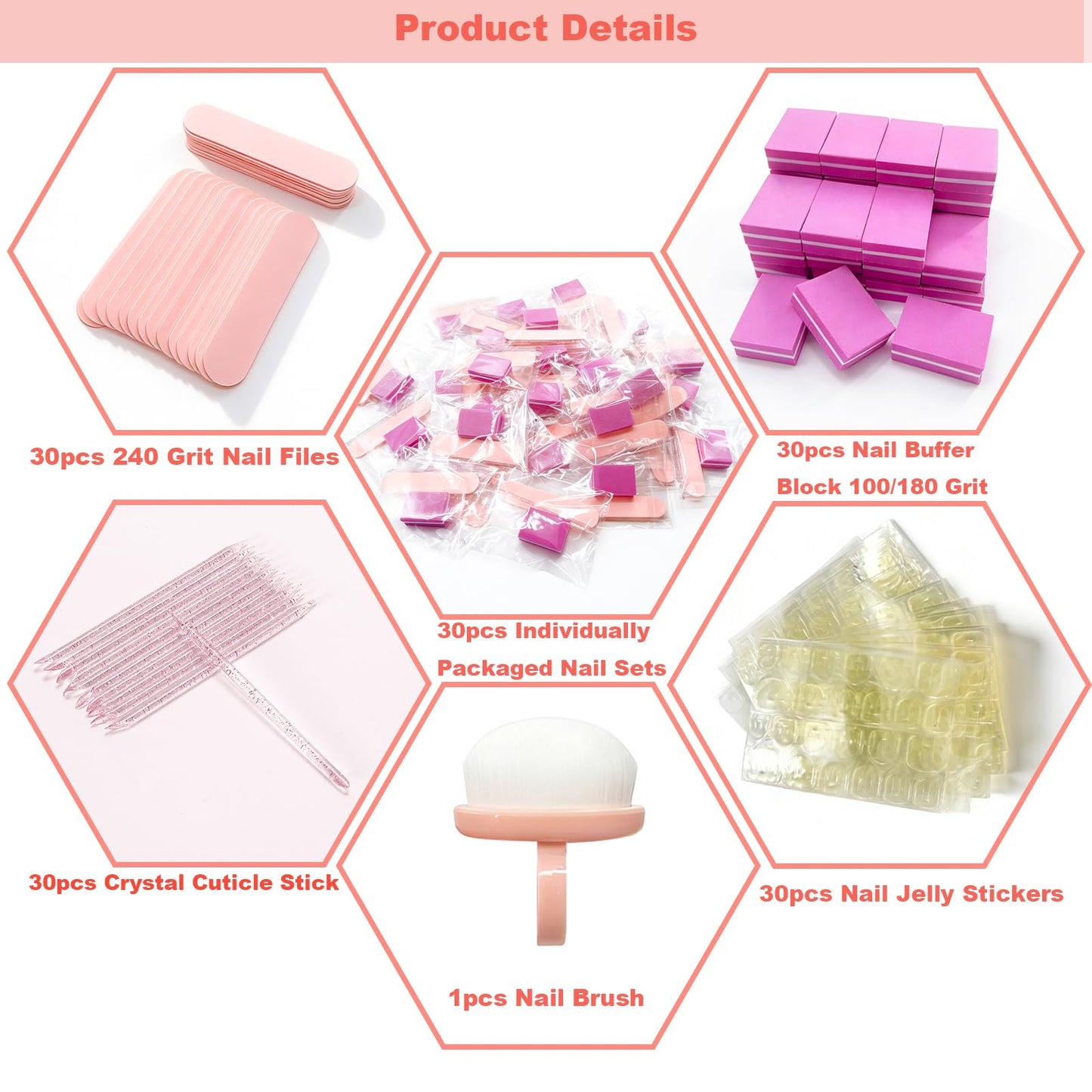 4-Piece Nail Kit, Nail Files 240 Grit, Nail Buffer Block 100/180 Grit, Crystal Cuticle Stick Nail Jelly Stickers Individually Packaged Manicure Tool Set for Fingernails, Toenails & Press On Nails