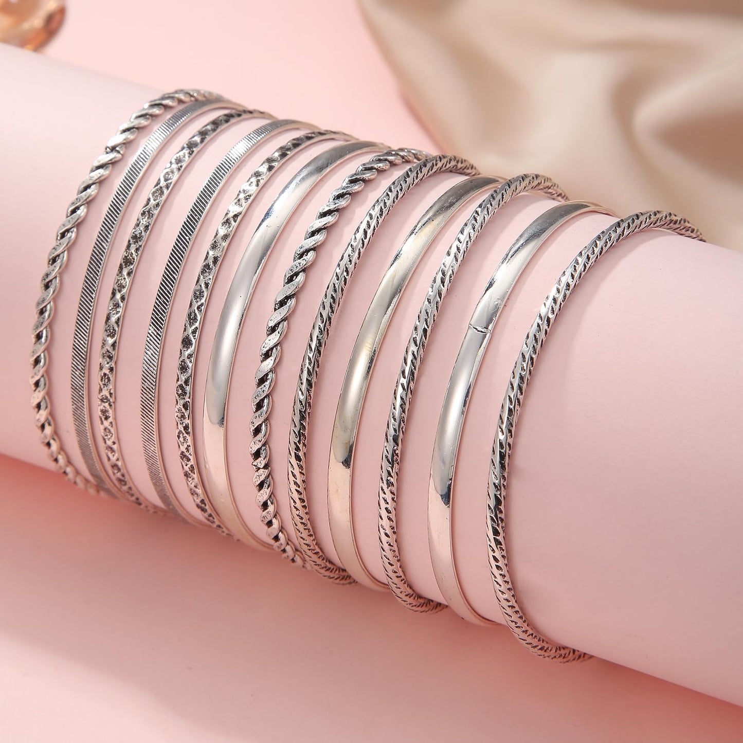 RINTOLER 12Pcs Retro Silver Bangle Bracelets Set for Women - Multi Layer Stackable Textured Bracelets Indian Bangles Boho Jewelry Set (D-12PC-Retro Silver)