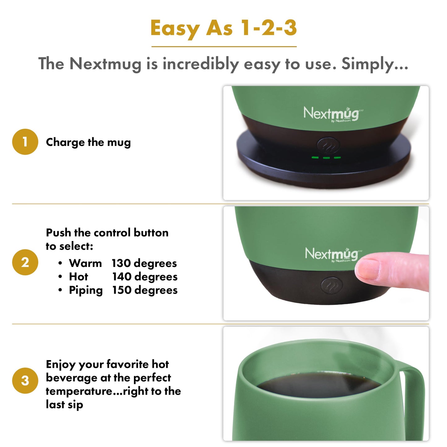 Nextmug - Temperature-Controlled, Self-Heating Coffee Mug (Sage - 14 oz.)