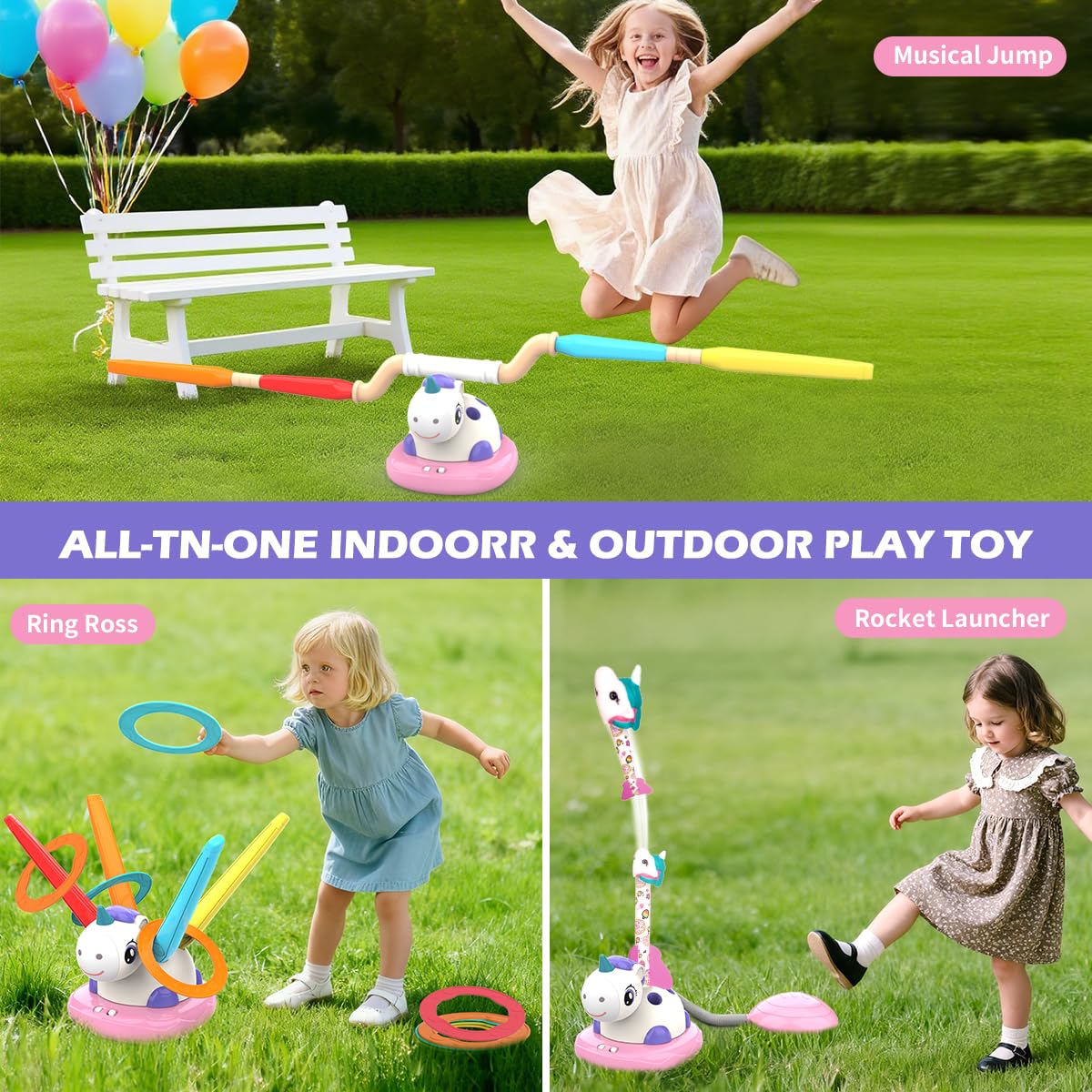 RUIDYA 3 in 1 Musical Jump, Toss Ring Game and Stomping Launch Unicorn Rocket Launcher for Kids Outdoor Toys with Remote Control, Indoor Outside Toy for Kids Ages 3-8