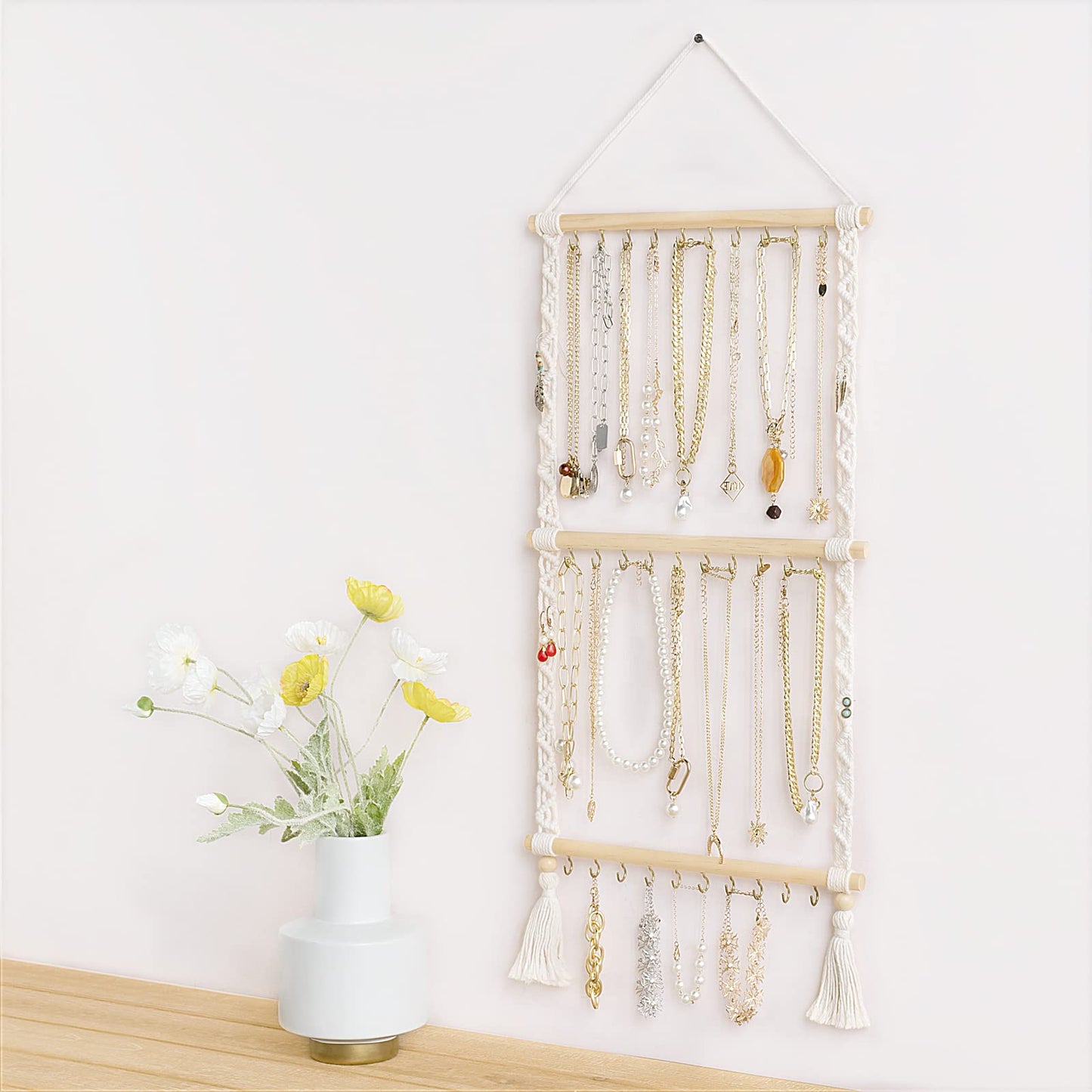 Dahey Hanging Jewelry Organizer Macrame Necklace Holder with 30 Hooks and Macrame Headband Holder with 30 Hooks Boho Nursery Decor for Baby'S Room