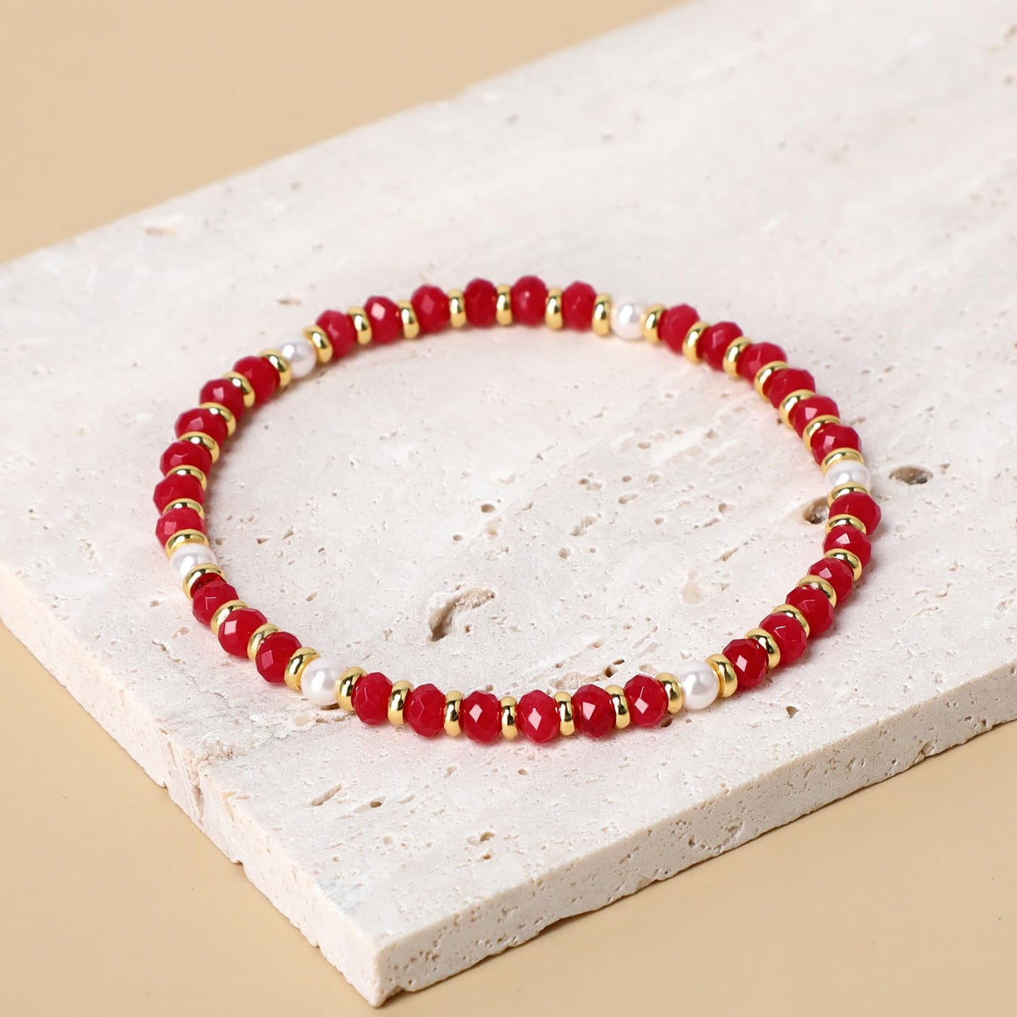 QOGIR Ruby Jade - Dreams Come True - 14K Gold Plated Beads Gemstone Stretch Elastic Dainty Healing Beaded Bracelets Gifts 2x4mm