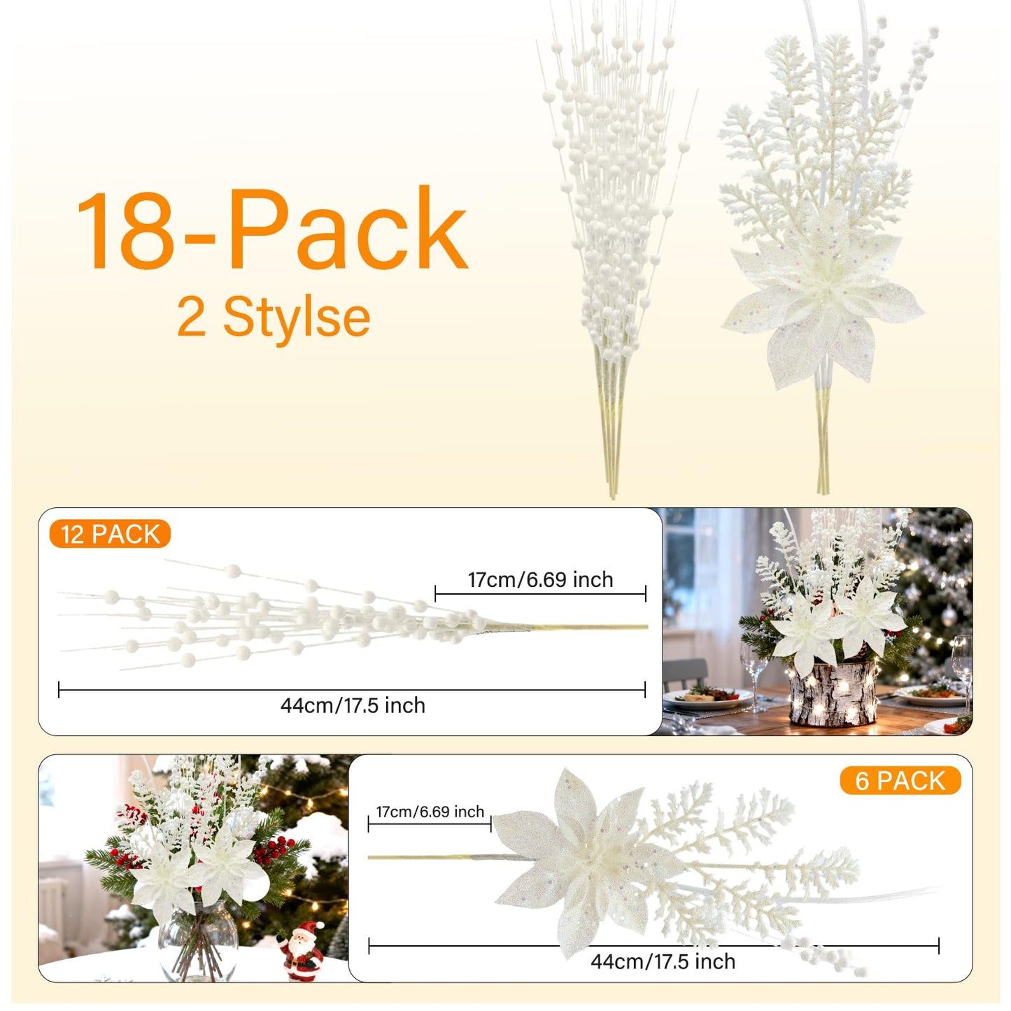 18 Pack Christmas Tree Ornaments Set, 17.5 Inch White Fake Christmas Picks Decorations with 2 Styles, Artificial Glitter Berry Stem Ornaments for Christmas Tree Wedding Small Vase Wreath Decor