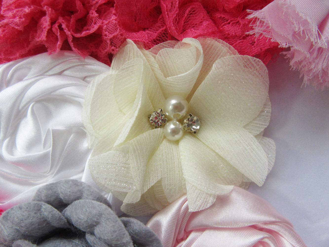YYCRAFT 40pcs Craft Chiffon Flowers, Handmade Hair Flowers for DIY Headband Kit Bow Kit(Pink/Grey/Ivory)