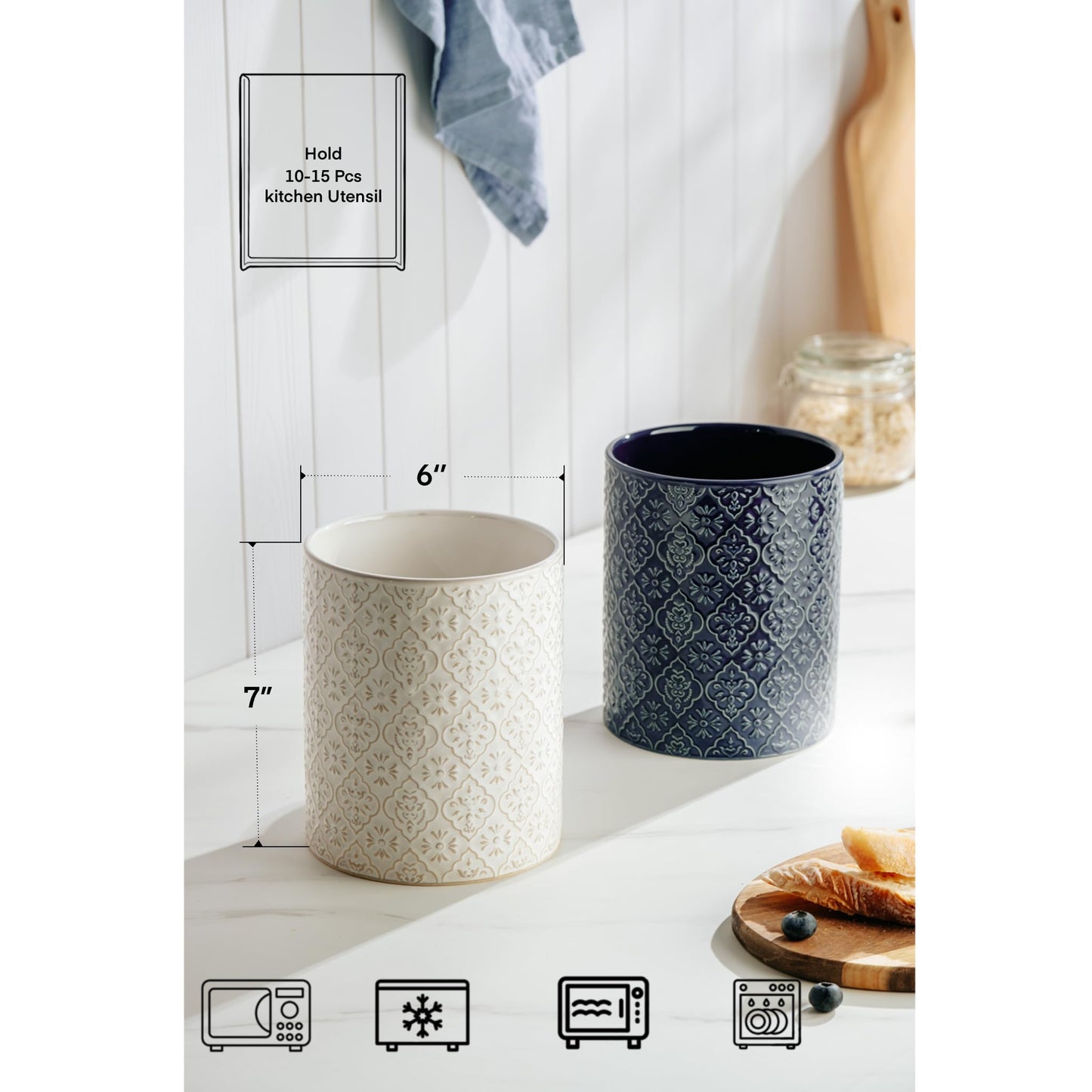 MIKIGEY Kitchen Utensil Holder, 6x7 inch Large Ceramic Utensil Holder with Embossed Pattern, Cooking Utensil Crocks for Kitchen Countertop, Home Decor, Off-White